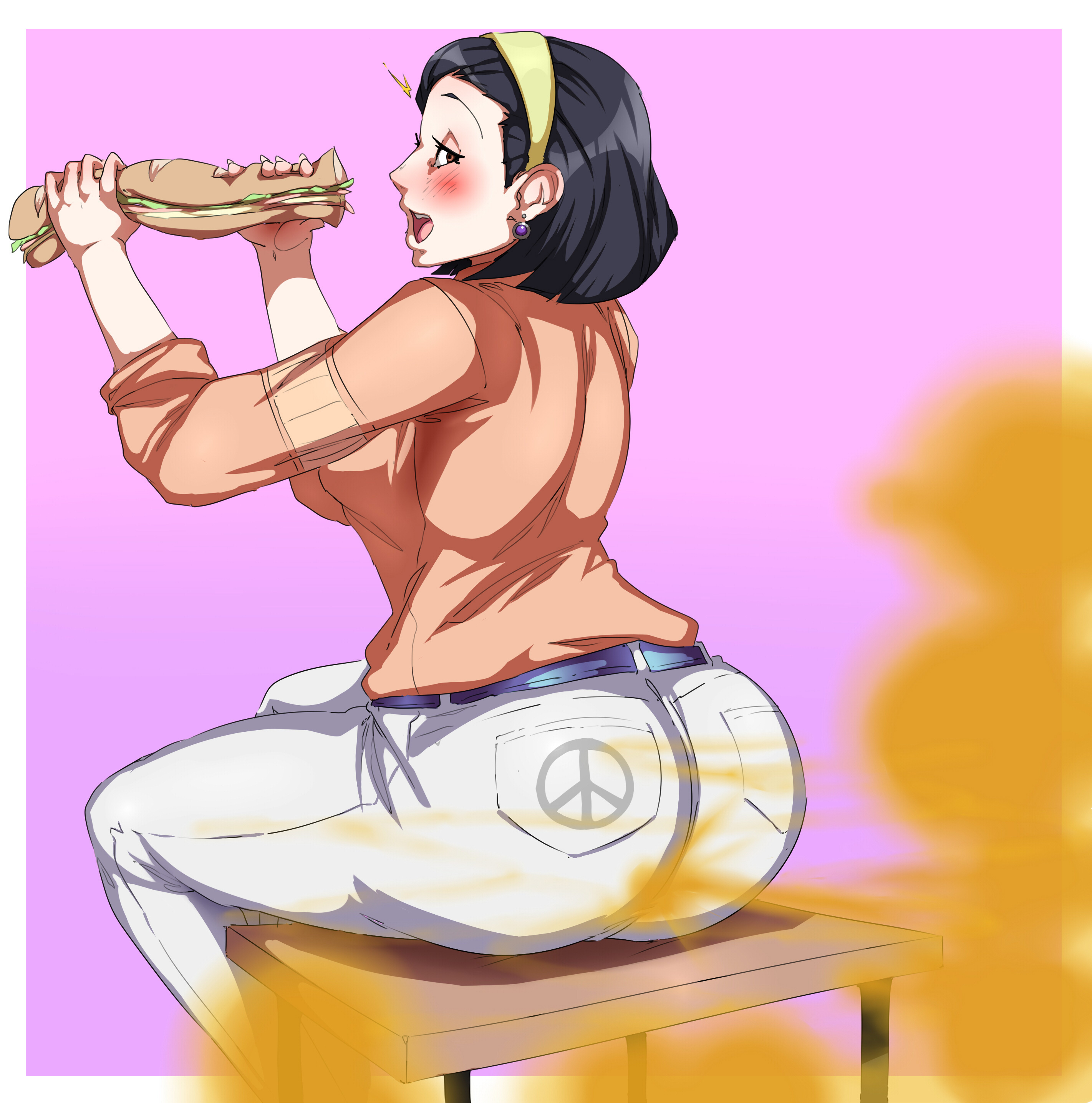 1girls, ass, big ass, big butt, black hair, blush, brown eyes, diamond is unbreakable, fart, fart cloud, fart fetish, farting, female, food, headband, jojo's bizarre adventure, lazei, looking back, open mouth, peace symbol, rear view, sandwiched, shoulder length hair, sitting, solo female, tomoko higashikata, viewed from behind, white pants