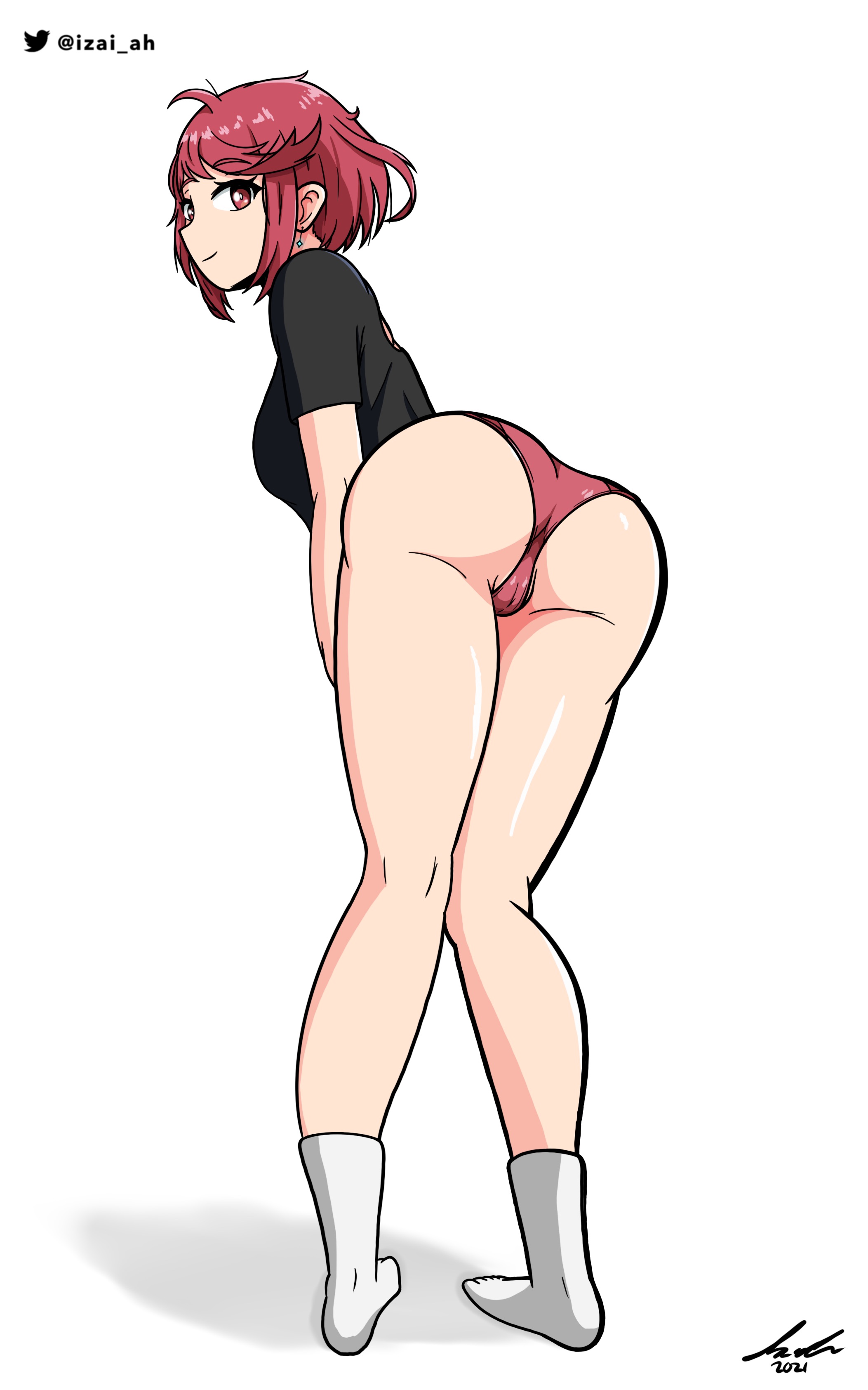 1girls, 2021, ass, bent over, female, highres, izai ah, izaiah (artist), looking at viewer, looking back, nintendo, pants, pyra, red eyes, red hair, shirt, short hair, standing, white background, xenoblade (series), xenoblade chronicles 2