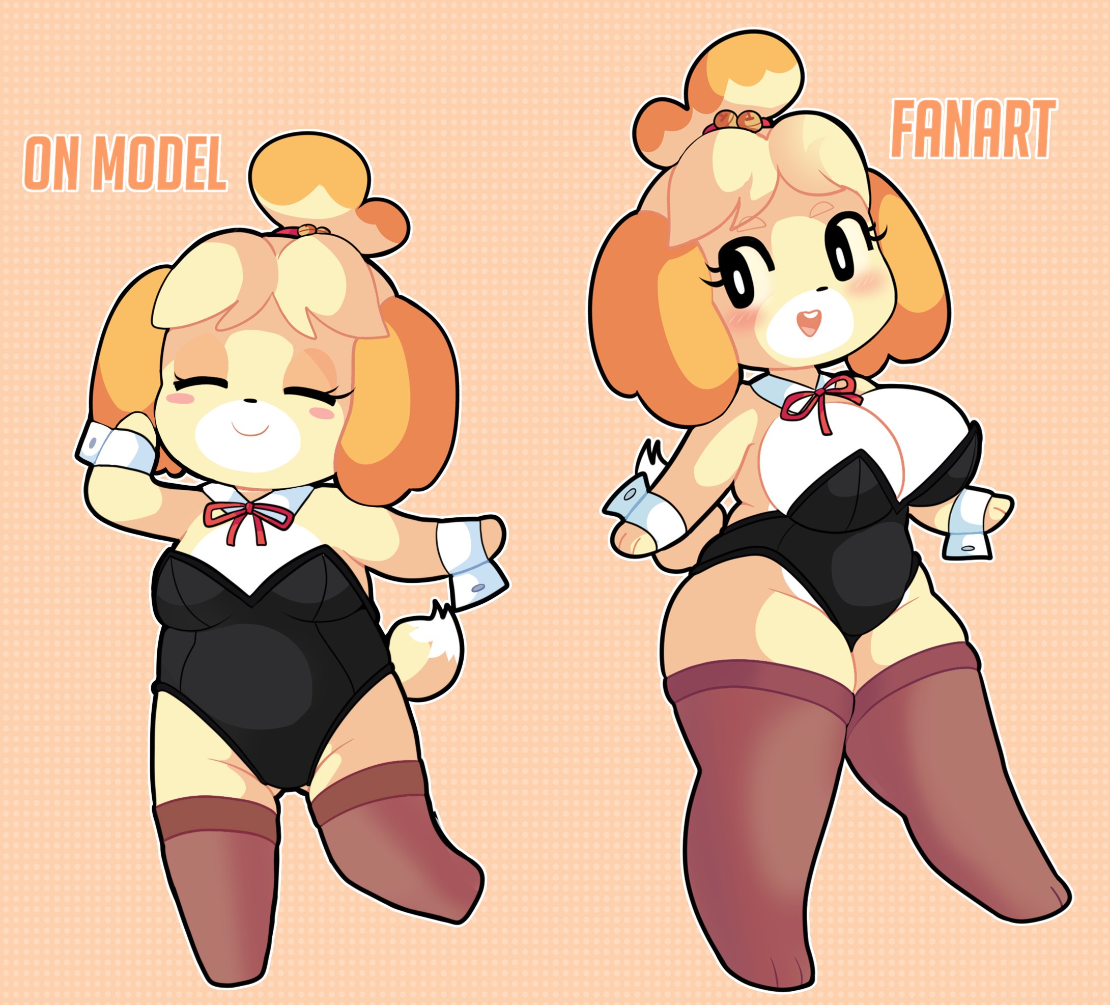 1girls, animal crossing, anthro, bell, bell collar, big breasts, blush, breasts, canid, canine, cleavage, closed eyes, clothed, clothing, domestic dog, female, female only, heart, isabelle (animal crossing), nipples, oni punch, onigiri punch, ponytail, simple background, solo, solo female, tail, yellow fur, yellow hair
