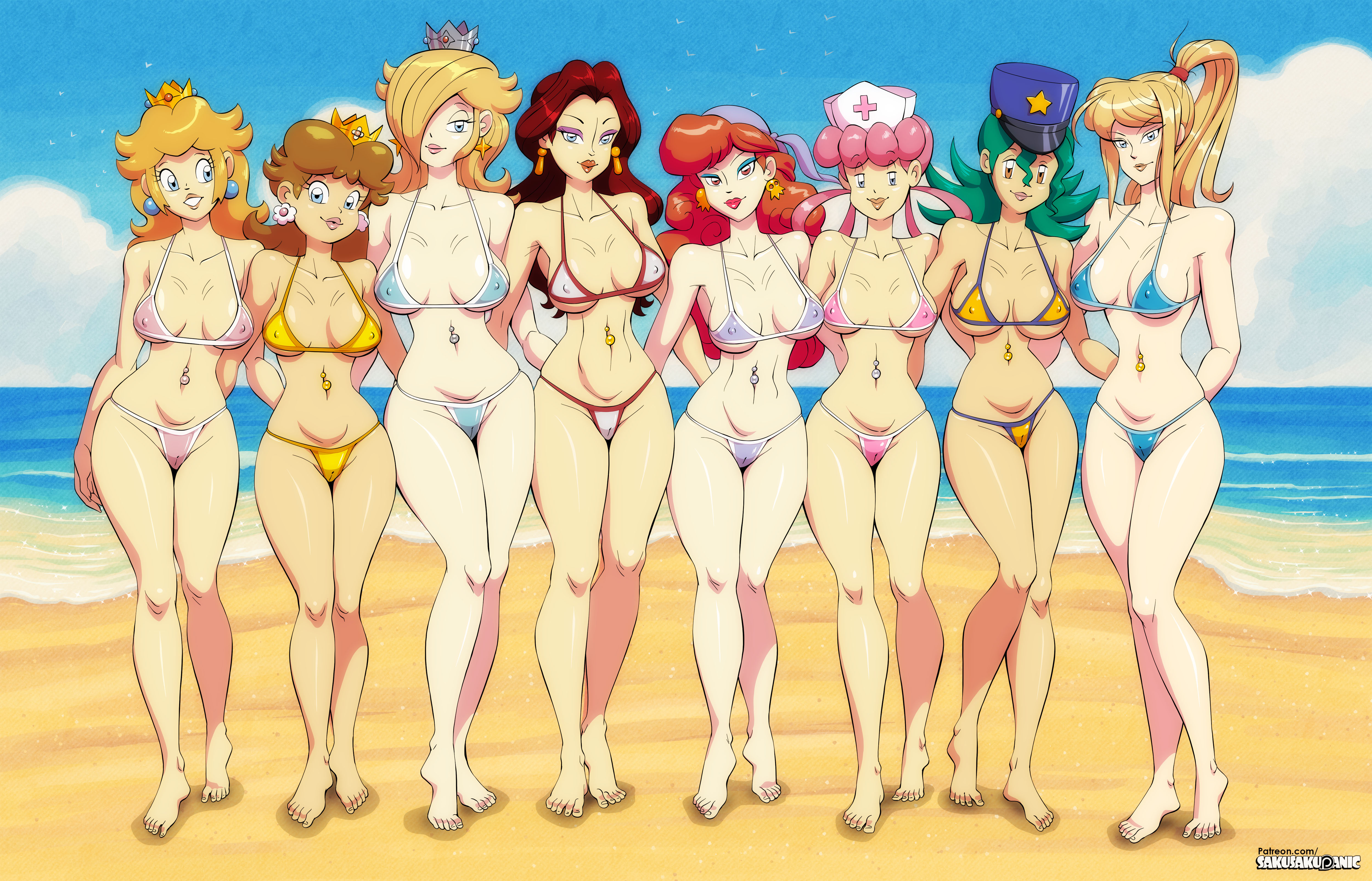 8girls, beach, bikini, captain syrup, company connection, crossover, female, hot, mario (series), metroid, navel piercing, nintendo, nurse joy, officer jenny (pokemon), outdoors, pauline, pokemon, princess daisy, princess peach, princess rosalina, sakurakasugano, sakusakupanic, samus aran, sexy, wario (series)