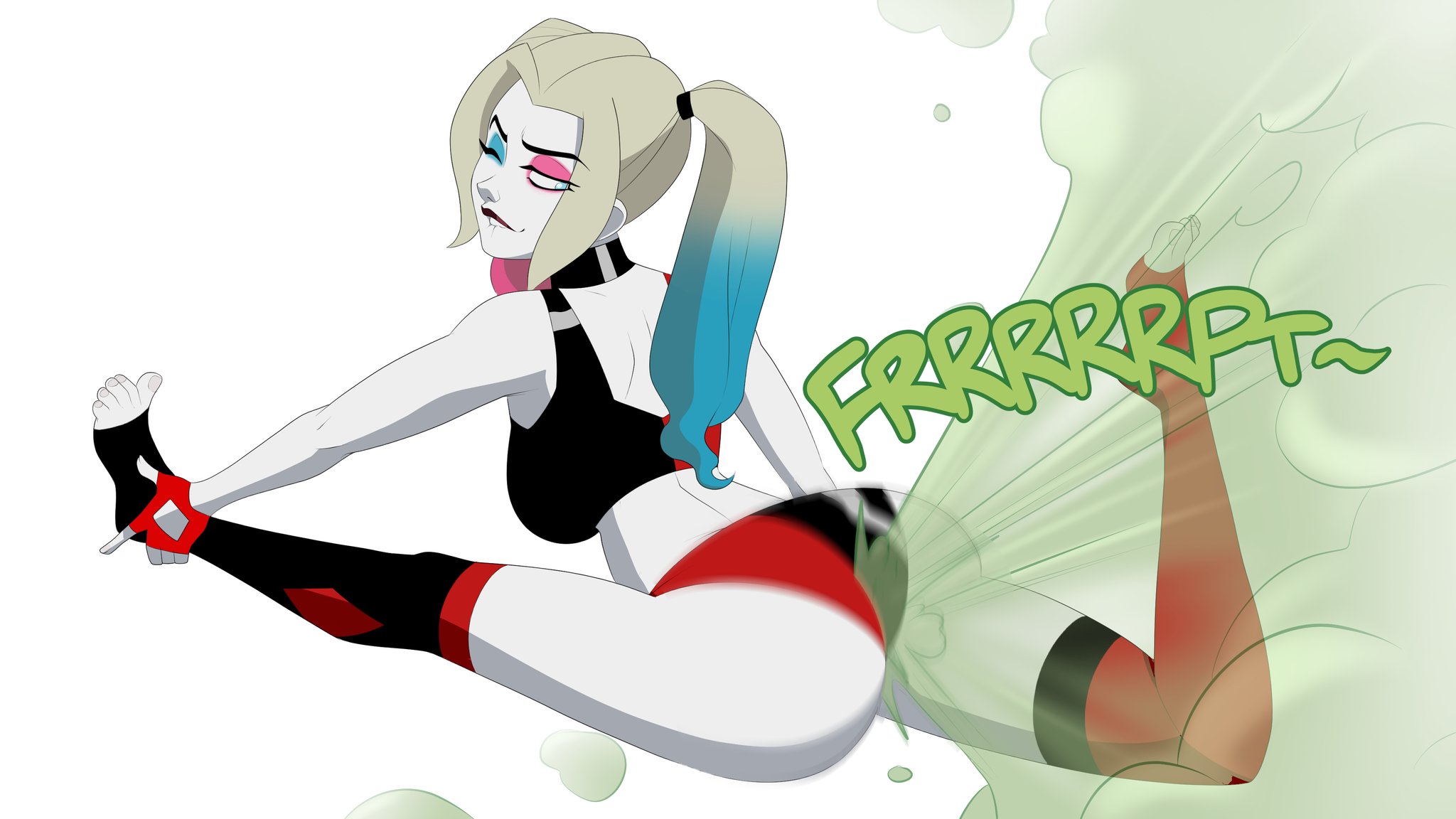 alternate version available, ass, batman (series), breasts, bubble ass, bubble butt, dc, dc comics, eyeliner, fart, fart cloud, fart fetish, farting, female, gongaga, harley quinn, looking back, multicolored hair, sideboob, simple background, stretching, white body
