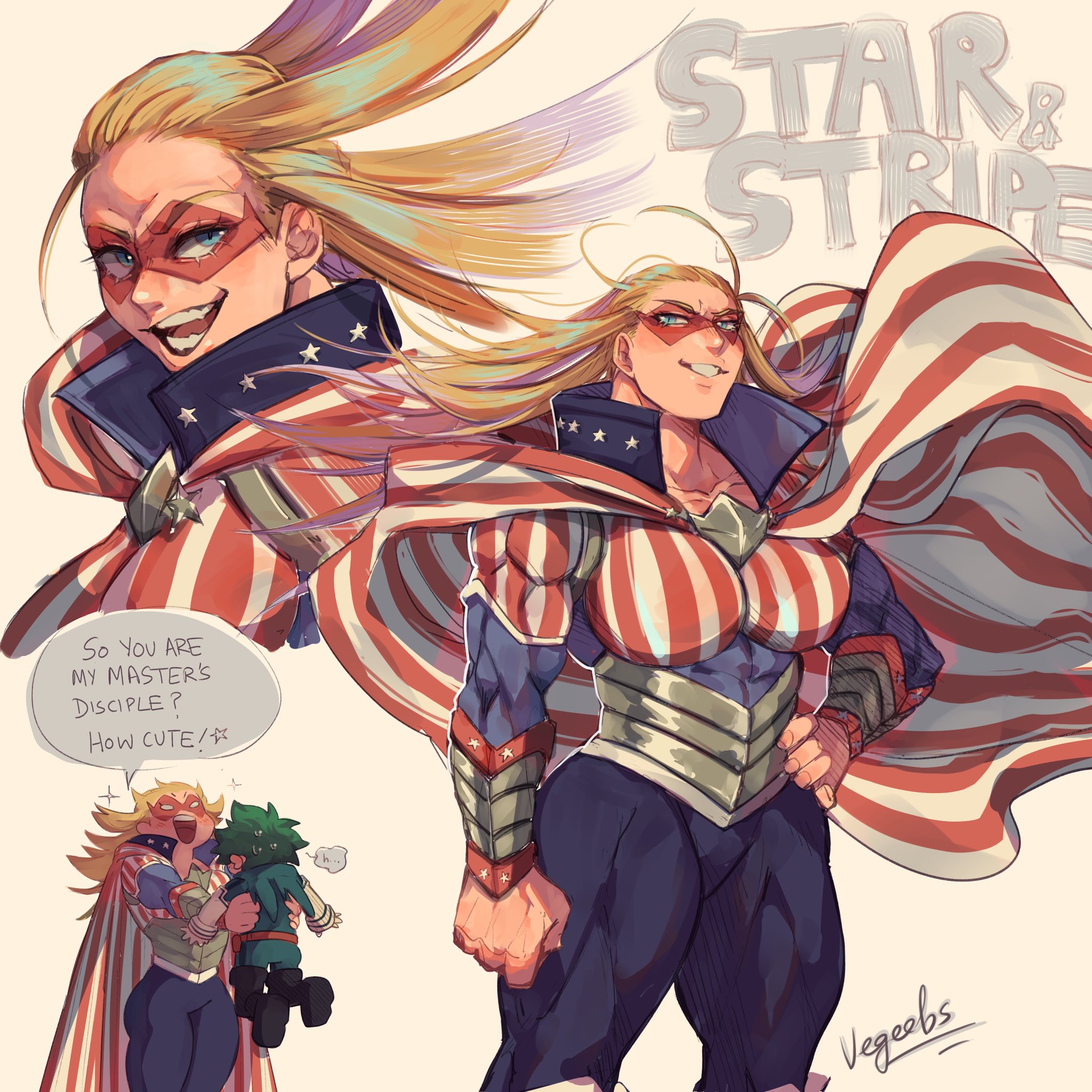 1boy, 1girls, blonde female, blonde hair, blue eyes, cape, cathleen bate, female, hero outfit (mha), izuku midoriya, long hair, male, mask, muscular, muscular female, my hero academia, speech bubble, star and stripe (my hero academia), vegeebs