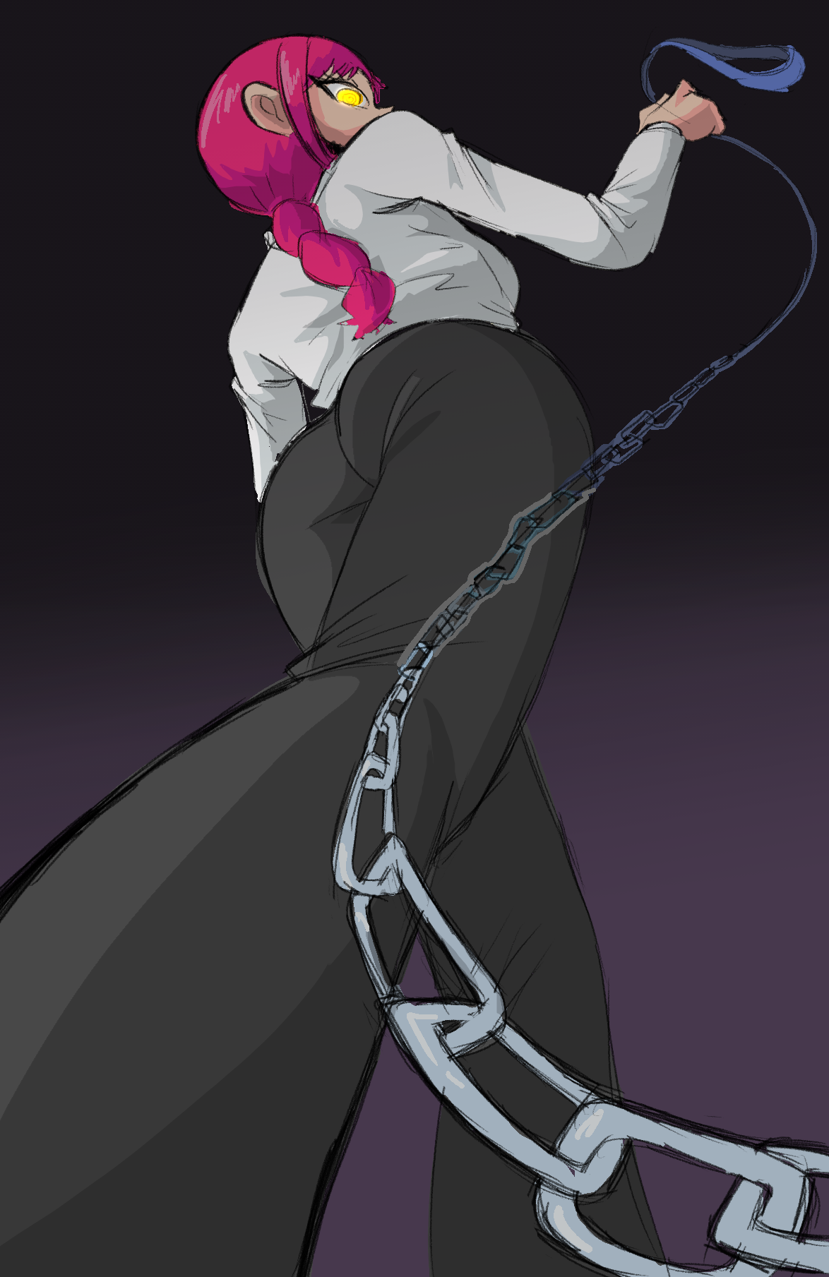 ass, ass focus, chain leash, chains, chainsaw man, clothed, female, glowing eyes, leash, leashed pov, looking at viewer, looking down, makima (chainsaw man), office clothing, red hair, submissive pov, worm's-eye view, wriizzyarts, yellow eyes