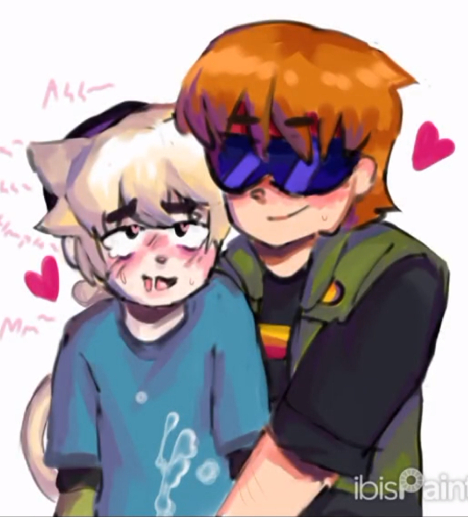 b, blush, brawl stars, cat ears, cat tail, cum, digital media (artwork), gay, ginger, handjob, male, moaning, red hair