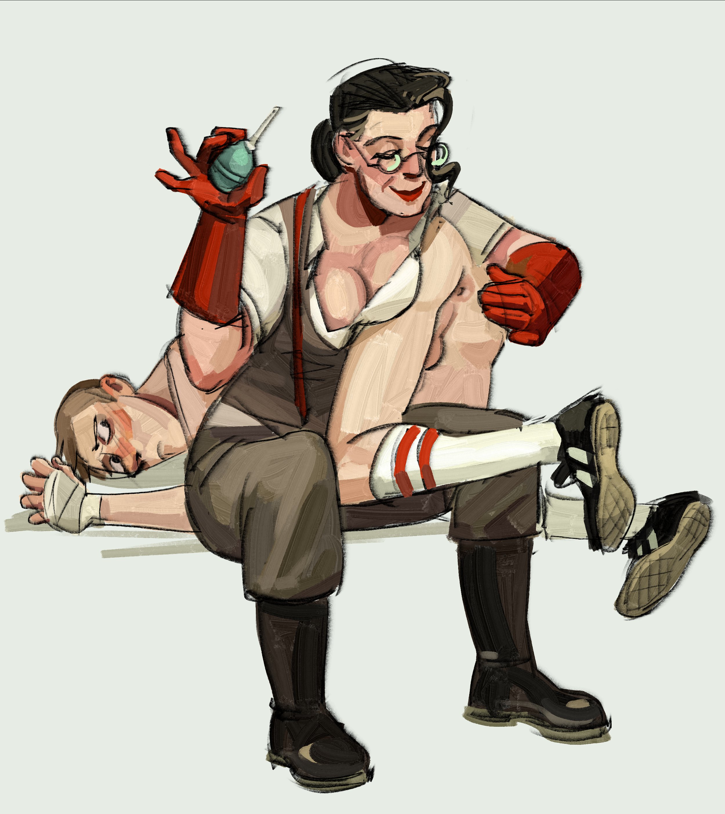 age difference, ass, asshole, balls, big breasts, blush, bottomless, breasts, cleavage, clothed female nude male, dominant female, enema syringe, female, female dominating male, female domination, femdom, femmedic, forced, genderswap, genderswap (mtf), gilf, male, medic (team fortress 2), milf, older female, older female and younger male, penis, rule 63, scout (team fortress 2), straight, submissive male, team fortress 2, truyerabi