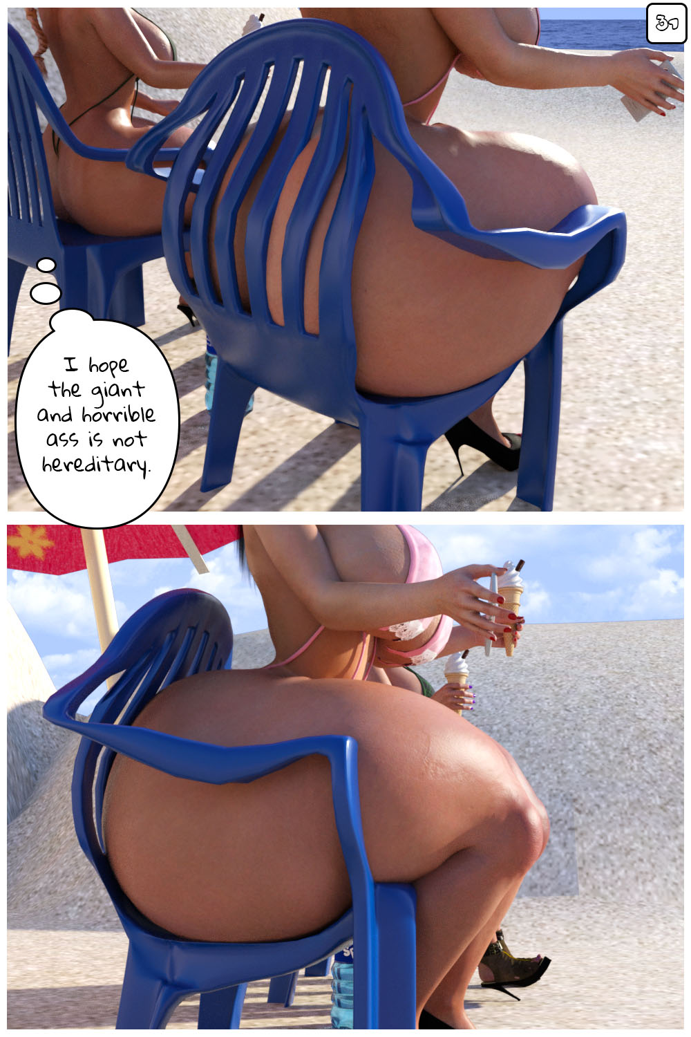 2girls 3d ass beach big_ass big_breasts big_butt bikini breasts chair female gigantic_ass high_heels huge_ass hyper_ass large_ass massive_ass rvacomics sitting sitting_on_chair sling_bikini thick_thighs wide_hips