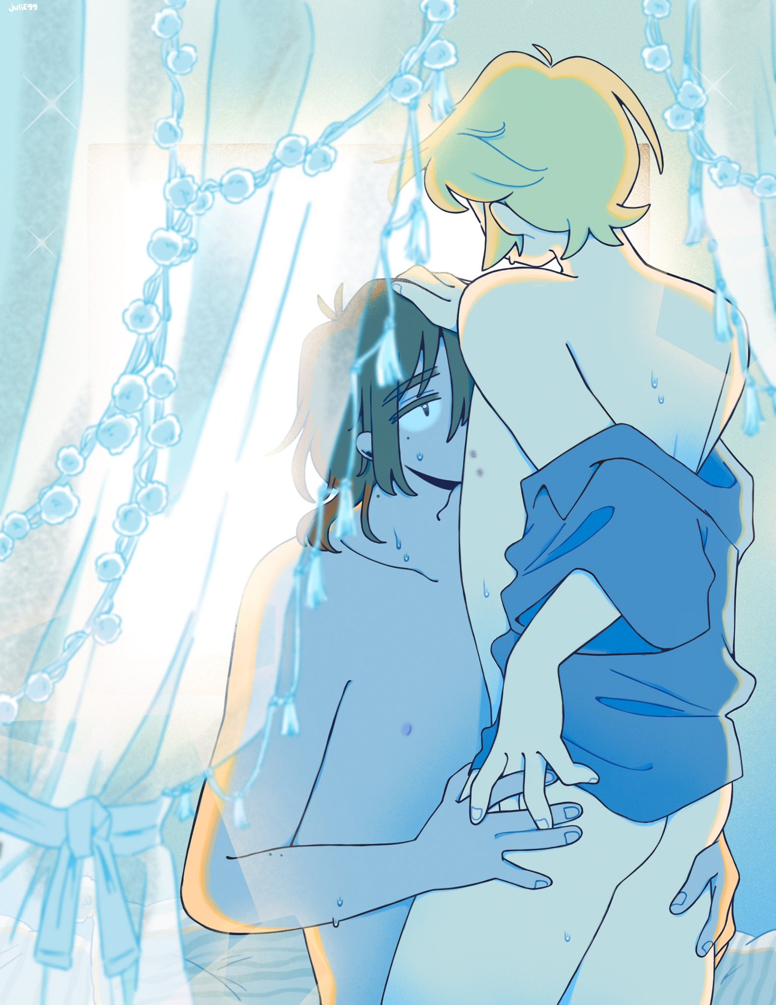 2boys, ahoge, artist name, bed, bed sheet, blonde hair, brown hair, color, completely nude, depth of field, half-closed eyes, hand on another's head, hand on another's hip, hand on another's thigh, highres, imminent sex, juliegg, kiss mark, kneeling, kouta (juliegg), lighting, looking at partner, male, mole, mole on arm, mole on neck, mole under eye, nipples, nude, one eye obstructed, original, romantic, romantic couple, rui (juliegg), standing, sweat, undressing, unseen male face, watermark, wholesome, yaoi
