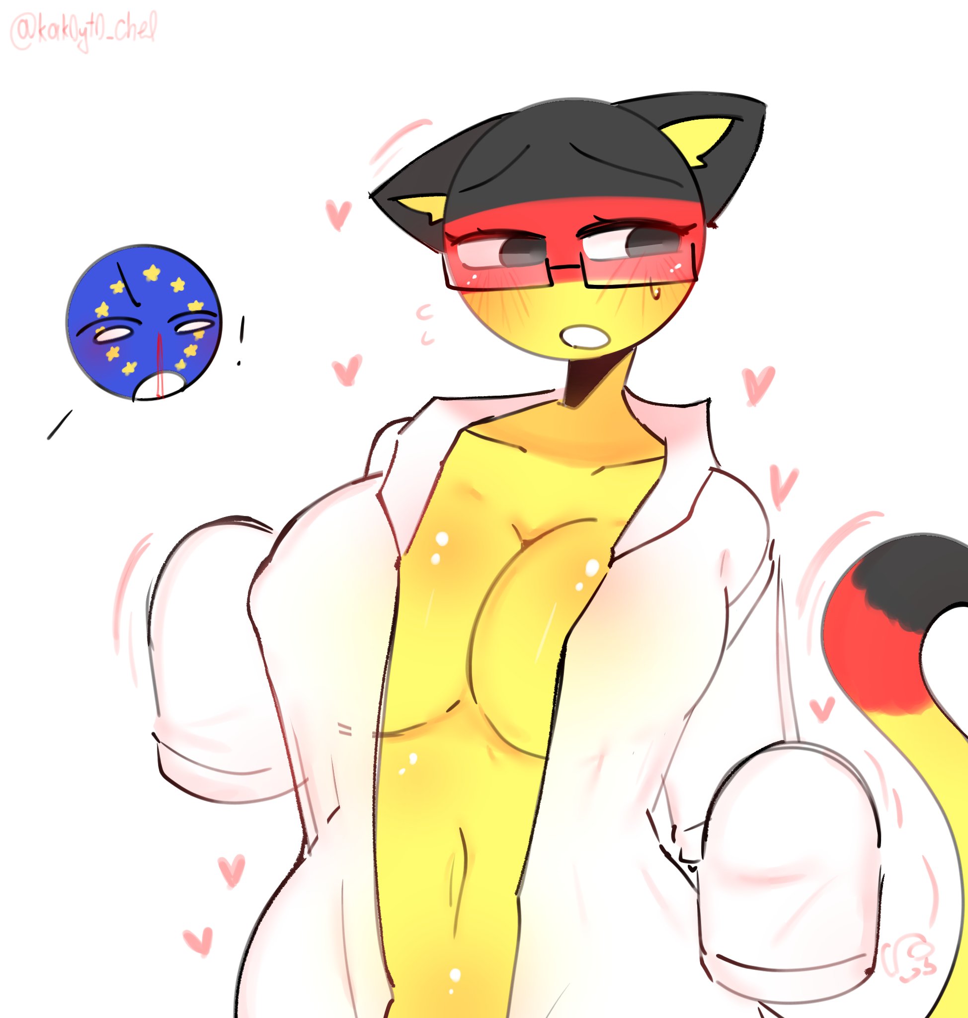 blush, cat ears, cat girl, cat tail, catgirl, countryballs, countryhumans, countryhumans girl, european union (countryhumans), female, germany (countryhumans), kak0yt0 chel, nosebleed, open topwear, partially clothed, ww3