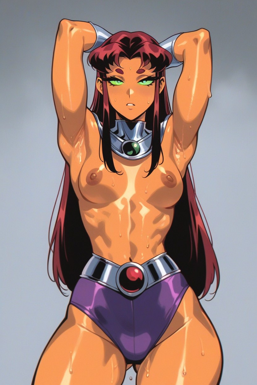 ai generated, alien, alien girl, armpits, breasts, dc, dc comics, faprunner78, female, female only, green eyes, hands behind head, hips, long hair, looking at viewer, muscular, natural breasts, nipples, orange skin, red hair, slim female, slim waist, small breasts, starfire, superheroine, sweat, sweaty, sweaty body, teen titans, thick thighs, thighs, toned, toned female, topless, waist, wide hips