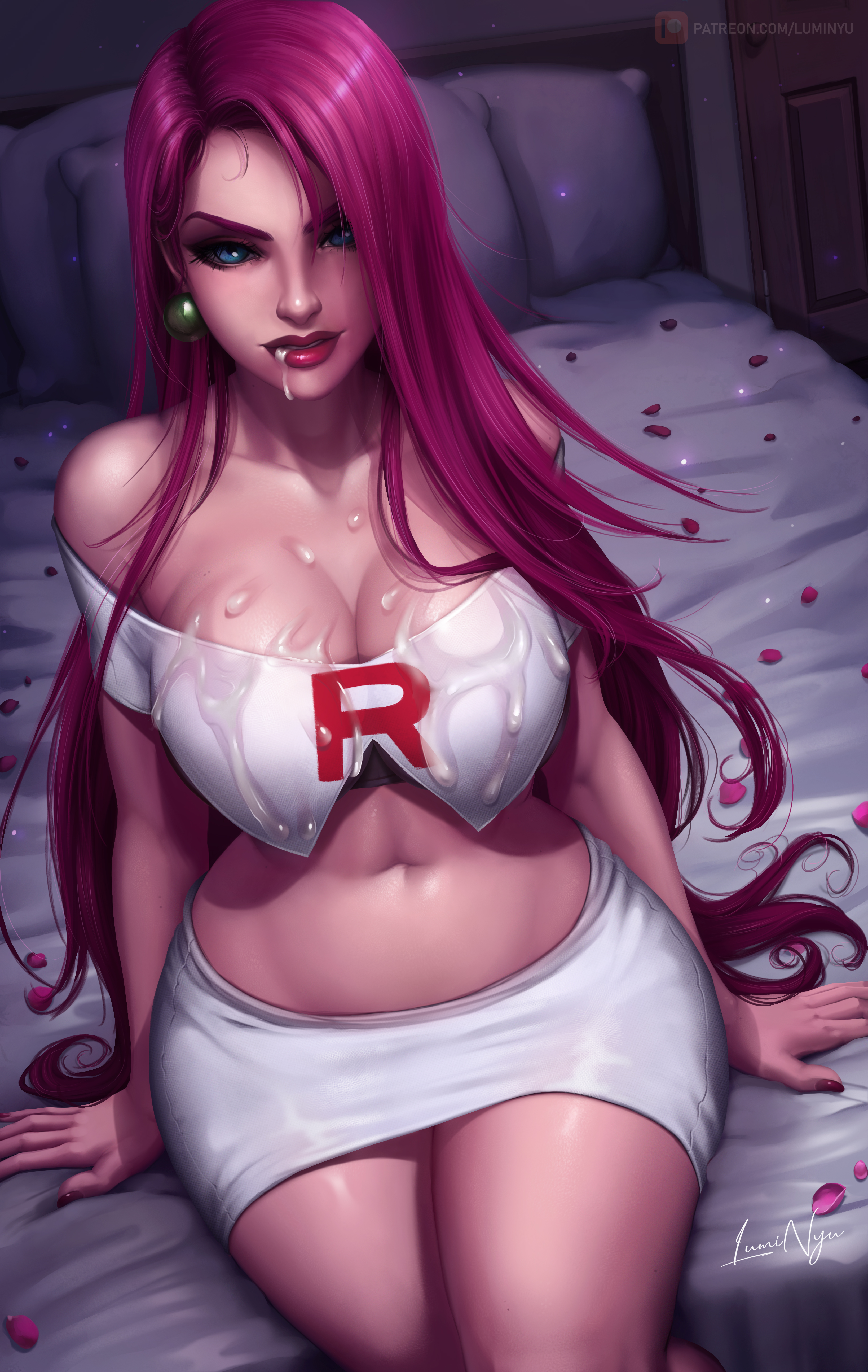 1girls, abs, alternate breast size, alternate hairstyle, bare shoulders, bed, bedroom, big breasts, blue eyes, breasts, burgundy hair, cleavage, clothed, cum, cum in mouth, cum on breasts, cum on clothes, curvaceous, curvy, earrings, eye contact, eyelashes, female, female only, hair down, high resolution, highres, hips, human, human only, jessie (pokemon), large breasts, lipstick, long hair, looking at viewer, luminyu, makeup, nail polish, naughty face, navel, night, nintendo, on bed, pale skin, petals, pink hair, pokemon, pokemon rgby, purple hair, purple nails, red lipstick, seductive eyes, seductive smile, shirt, sitting, skirt, solo, straight hair, team rocket, thick, thick thighs, thighs, tight skirt, very long hair, voluptuous, wide hips