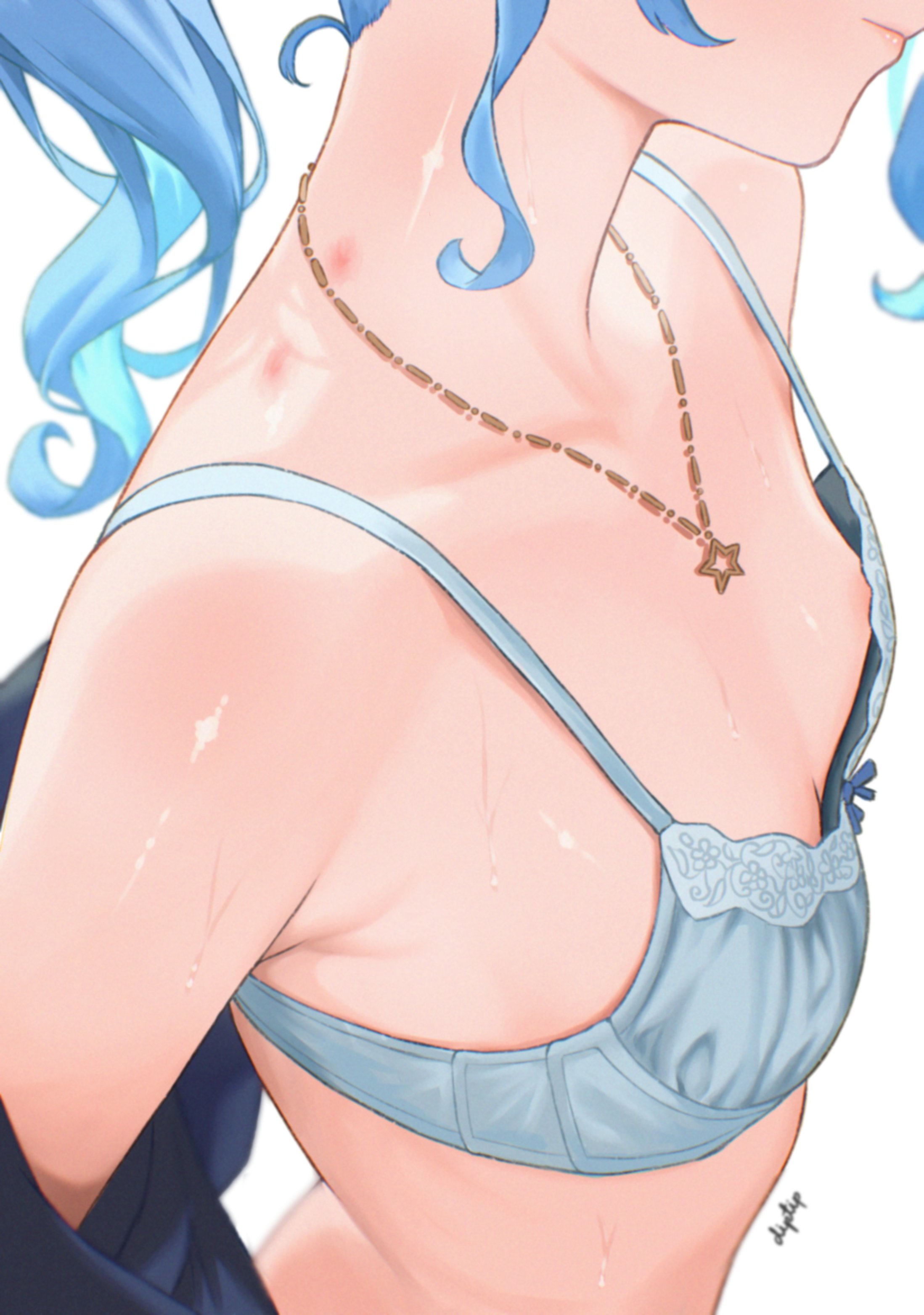 1girls, blue hair, bra, breasts, diptip, female, hololive, hololive gen 0, hololive japan, hoshimachi suisei, necklace, small breasts, solo, sweat, underwear, virtual youtuber