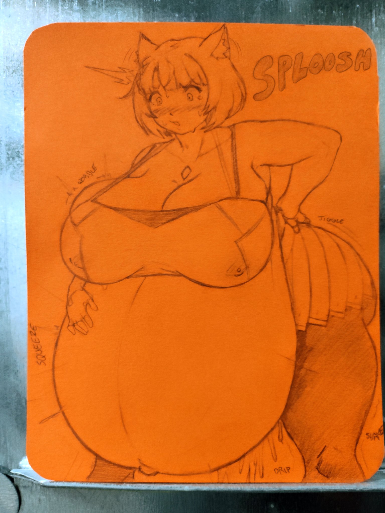 1girls, belly, big belly, big breasts, birth, blush, bob cut, breasts, breasts bigger than head, cat ears, cat girl, catgirl, chet rippo, clothed, female, fingerless gloves, gem, gem on chest, gigantic breasts, gloves, gormotti, hand on belly, hand on hip, hyper pregnancy, labor, lactating, lactation, lactation through clothes, leaking, leaking milk, massive belly, massive breasts, mio (xenoblade), offscreen character, onomatopoeia, pregnancy progression, pregnant, short hair, sketch, skirt, surprised, sweat, sweatdrop, sweating, tank top, the tits of mio, traditional media (artwork), water break, xenoblade (series), xenoblade chronicles 3
