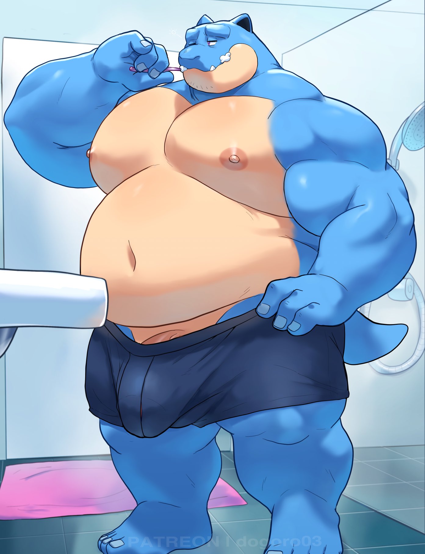 2025, anthro, areola, bara, bathroom, belly, belly overhang, biceps, big belly, big bulge, big muscles, blastoise, brush, brushing, brushing teeth, bulge, clothed, clothing, deltoids, facial hair, generation 1 pokemon, genitals, hi res, holding object, huge belly, huge bulge, huge muscles, humanoid genitalia, humanoid penis, inside, kemono, male, male only, moobs, musclegut, muscles, muscular, muscular anthro, muscular male, nails, narrowed eyes, navel, nintendo, nipples, o-ro, one eye closed, overweight, overweight anthro, overweight male, penis, penis base, personal grooming, pokemon, pokemon (species), sink, solo, standing, stubble, teeth, text, toothbrush, toothpaste, topless, topless anthro, topless male, underwear, underwear only, url, yaoi