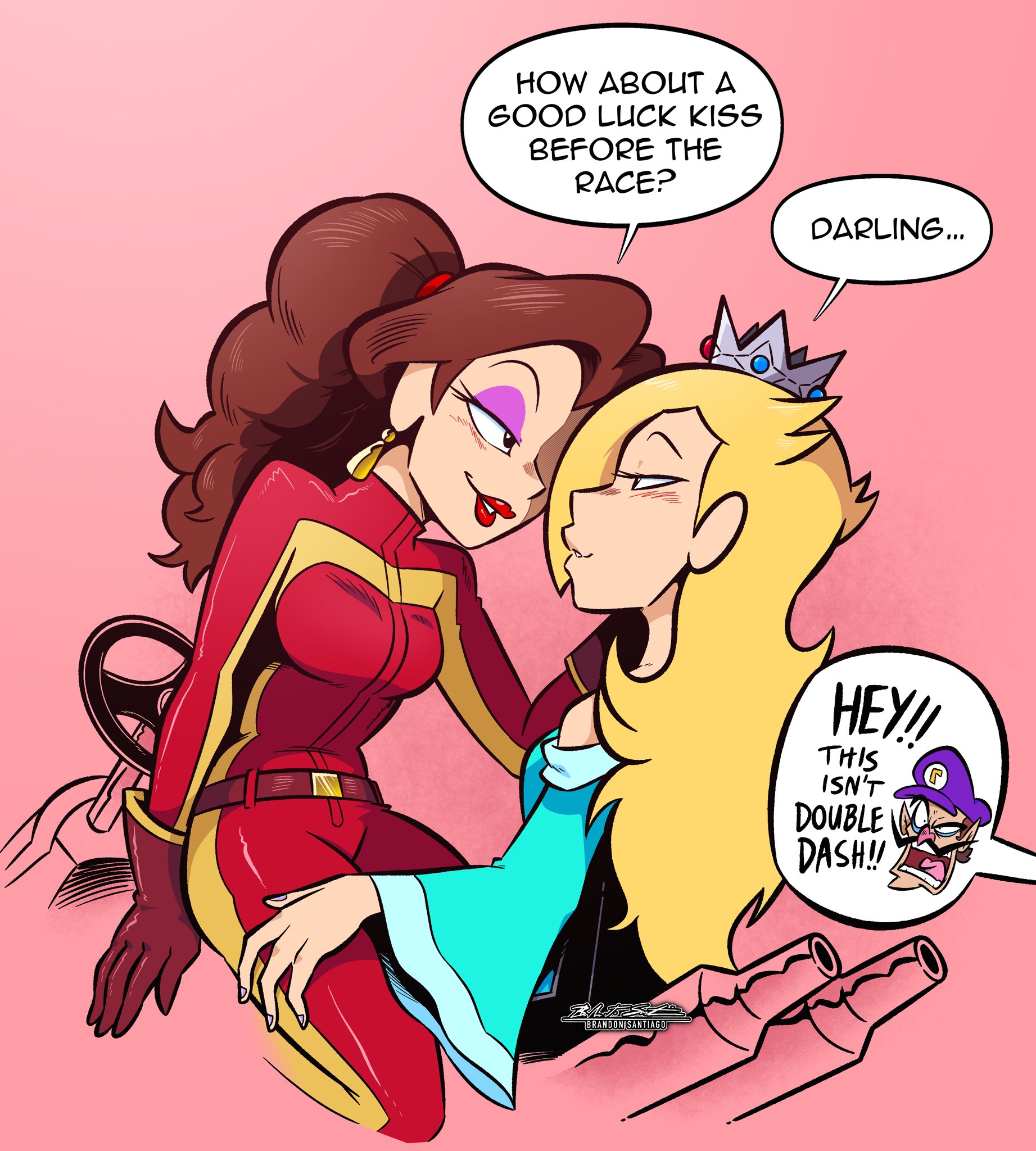 2girls, belt, biker clothes, blonde hair, blush, bodysuit, brandon santiago (artist), brown hair, clothing, dialogue, dress, female, human, intimate, lipstick, mario (series), mario kart, mario kart world, nintendo, official alternate costume, pale skin, pauline, pauline (aero), princess rosalina, skin tight, speech bubble, text, tight clothing, waluigi, wholesome, yuri