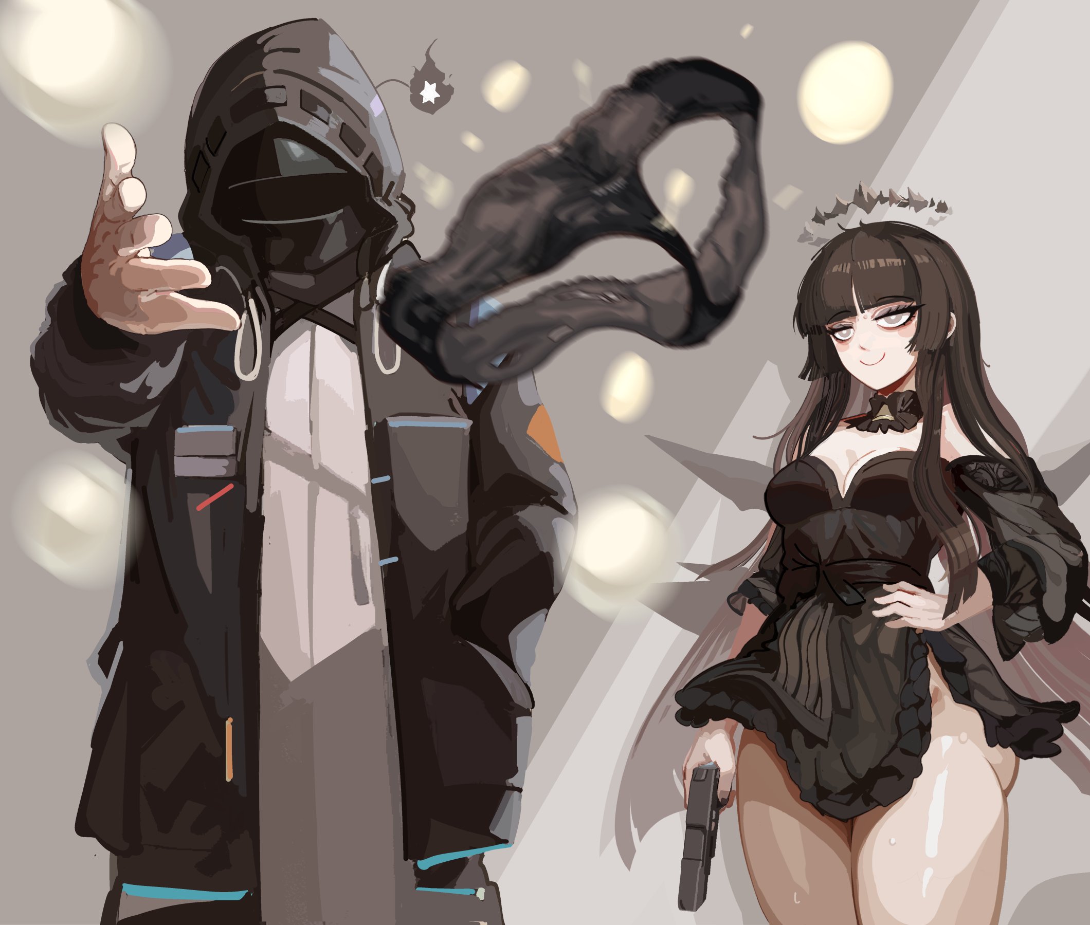 1other, ambiguous gender, arknights, black dress, doctor (arknights), dress, female, gun, halo, handgun, highres, holding, holding gun, holding weapon, kinohara kossuta, meme, panties, smile, throwing, underwear, virtuosa (arknights), weapon, woe plague be upon ye (meme)