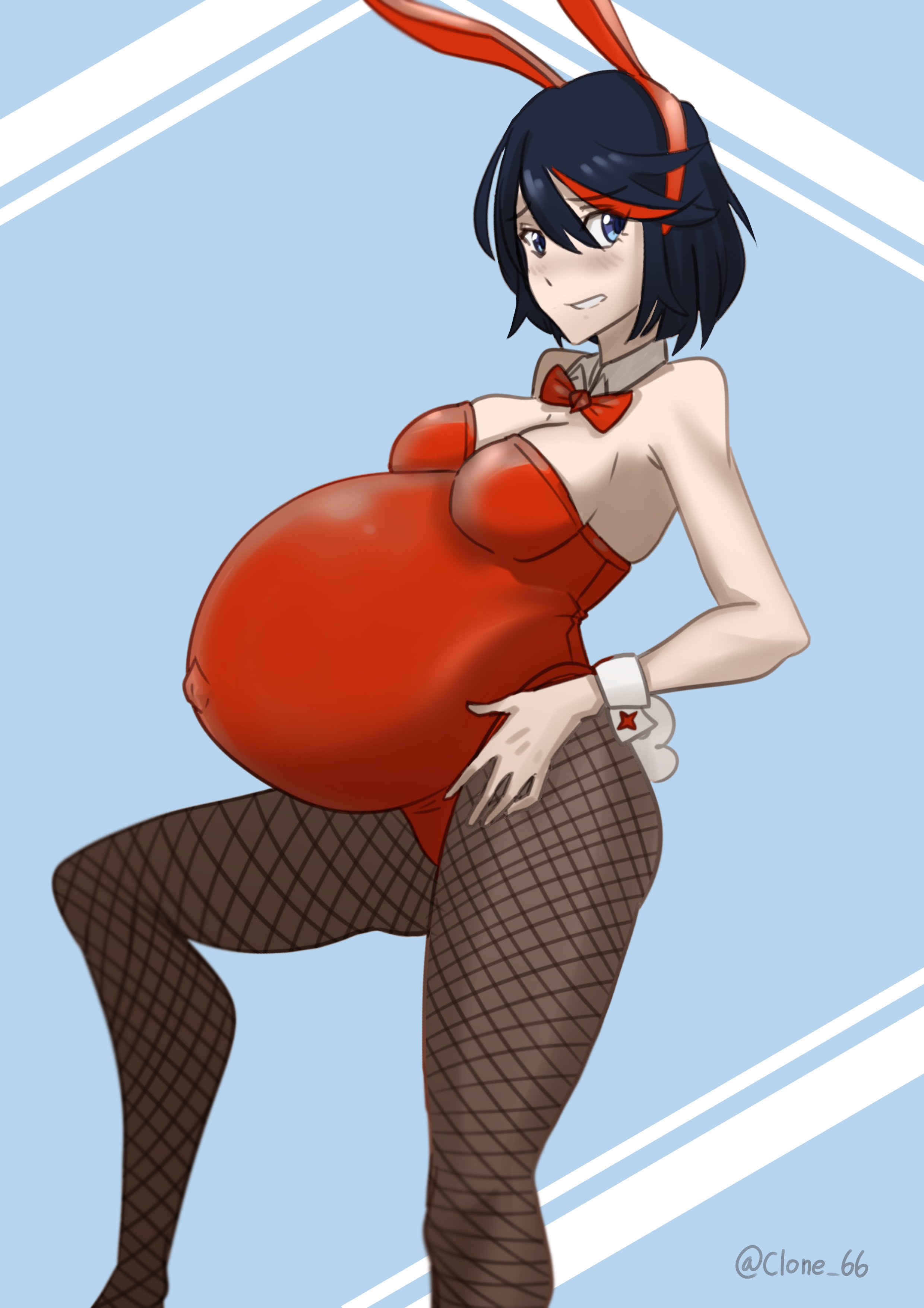 1girls, big breasts, breasts, bunny ears, bunny girl, bunnysuit, clone66, female, female only, huge belly, kill la kill, large breasts, matoi ryuuko, pregnant, ready to pop, solo, torpedo belly