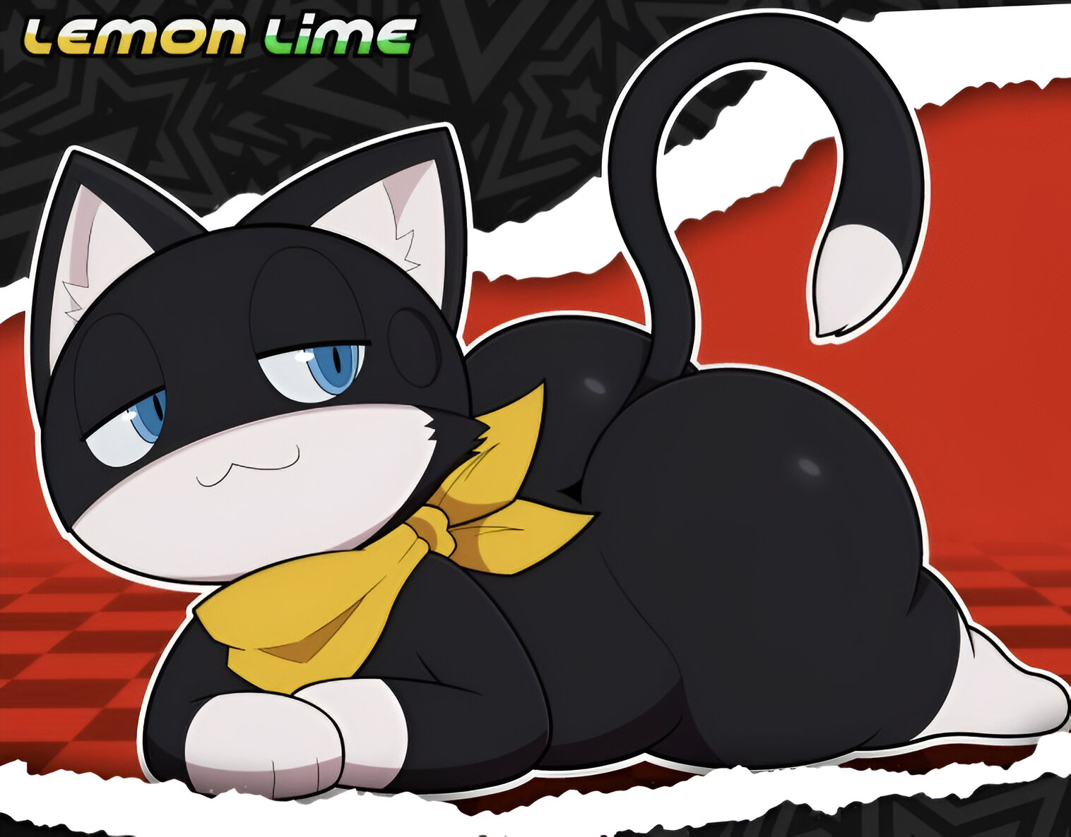 :3, ass, bandana, black and white fur, black body, black fur, blue eyes, cat ears, cat tail, feline, lemonlime, male, male focus, male only, morgana (persona), persona, persona (series), persona 5, round ass, solo male