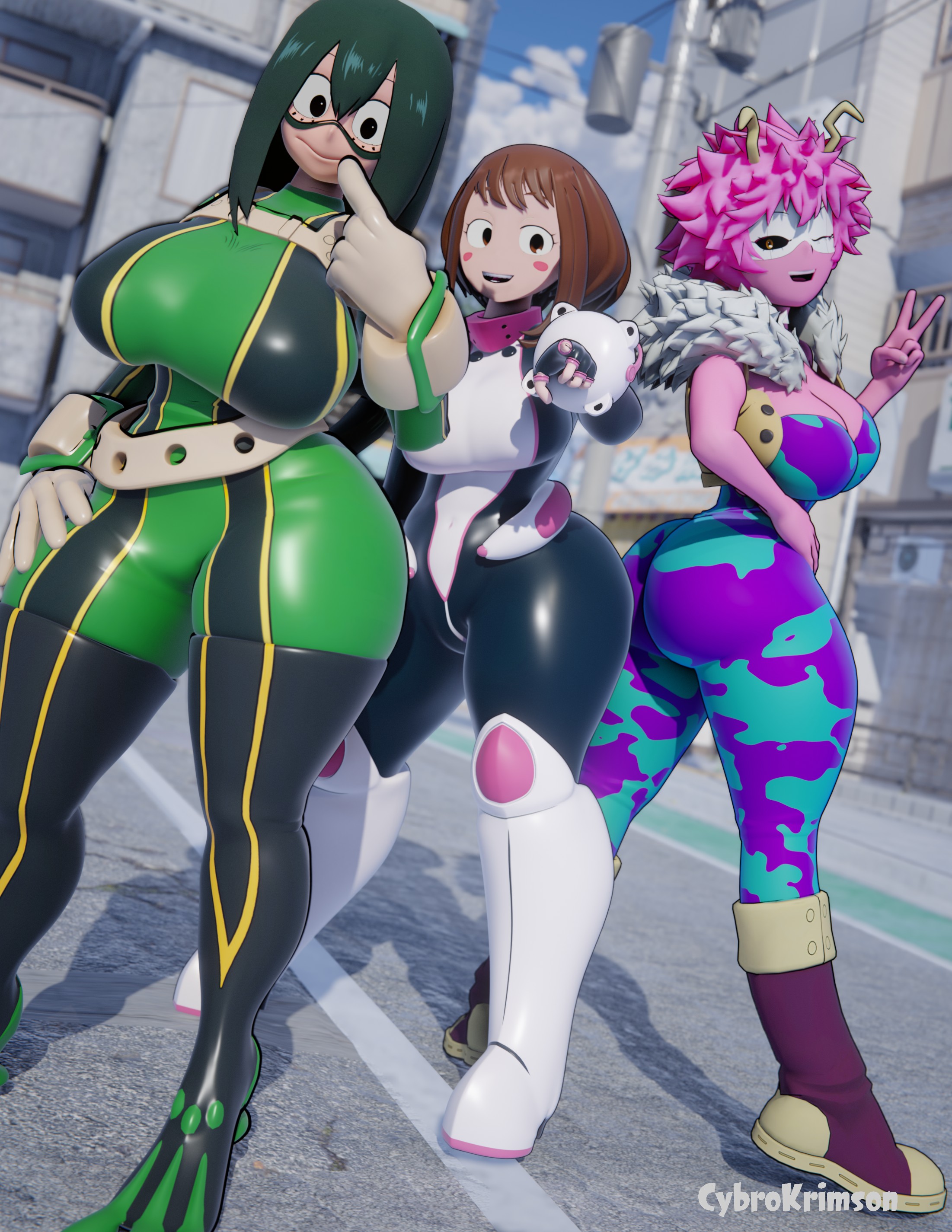 3d, 3girls, ass, big ass, big breasts, blender, boku no hero academia, breasts, clothed, cybrokrimson, female, female only, footwear, full color, fully clothed, hero outfit (mha), large breasts, latex, latex suit, mina ashido, my hero academia, no penetration, ochako uraraka, pink hair, teenager, thick, thick ass, thick butt, thick legs, thick thighs, tsuyu asui