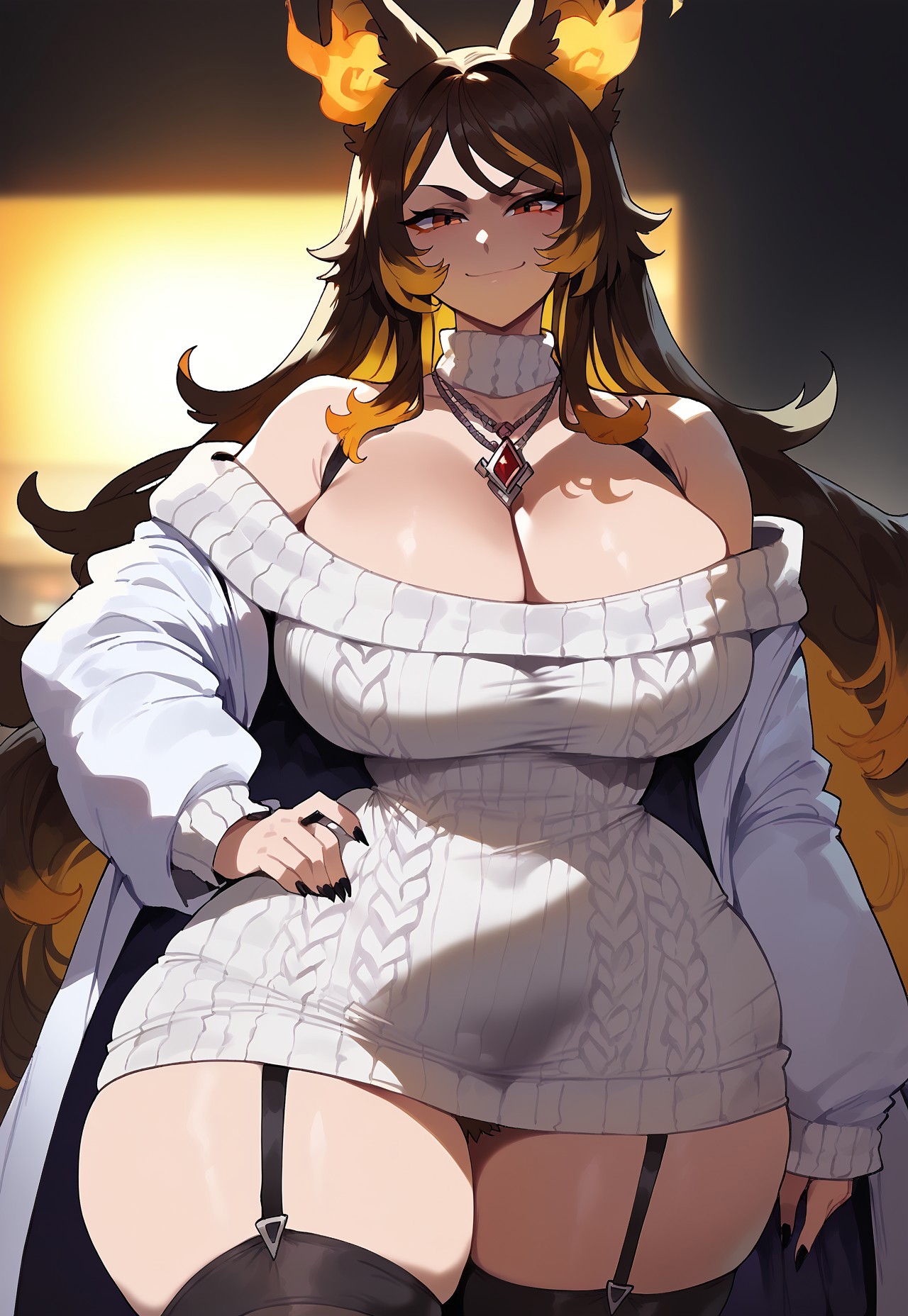 1girls, ai generated, animal ears, ass, big ass, big breasts, big butt, breasts, bubble ass, bubble butt, cleavage, female, hand on hip, hellhound, huge breasts, large breasts, long hair, looking at viewer, rayasox, sinder (vtuber), smile, smiling at viewer, solo, sweater, thick thighs, thighhighs, virtual youtuber, vtuber, wolf, wolf ears, wolf girl
