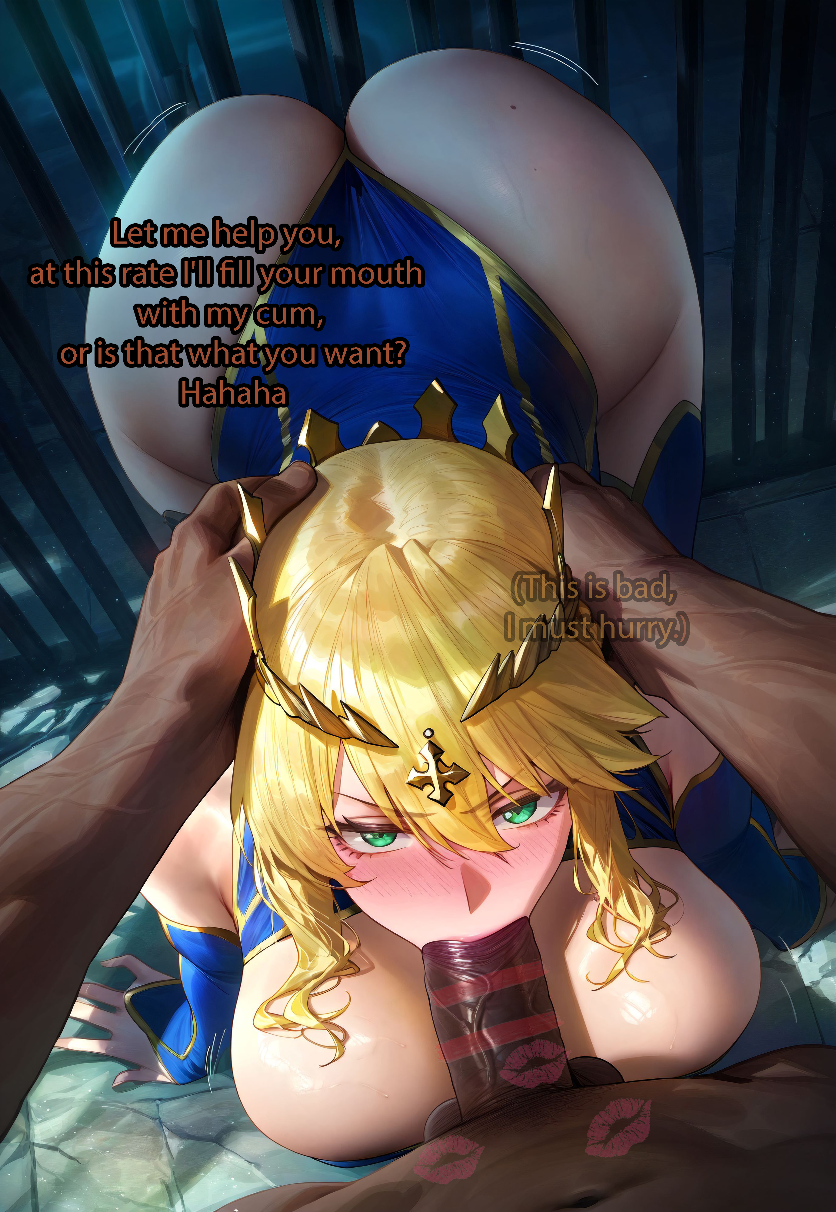 ai generated, artoria pendragon (lancer), ass, balls, big ass, big breasts, big butt, big cock, big penis, blonde hair, breasts, cock, crown, dark skin, dark-skinned male, dialogue, english text, female, headwear, human, human female, indoors, interracial, light skin, light-skinned female, male, male/female, mikayori, night, oral, oral sex, penis, testicles