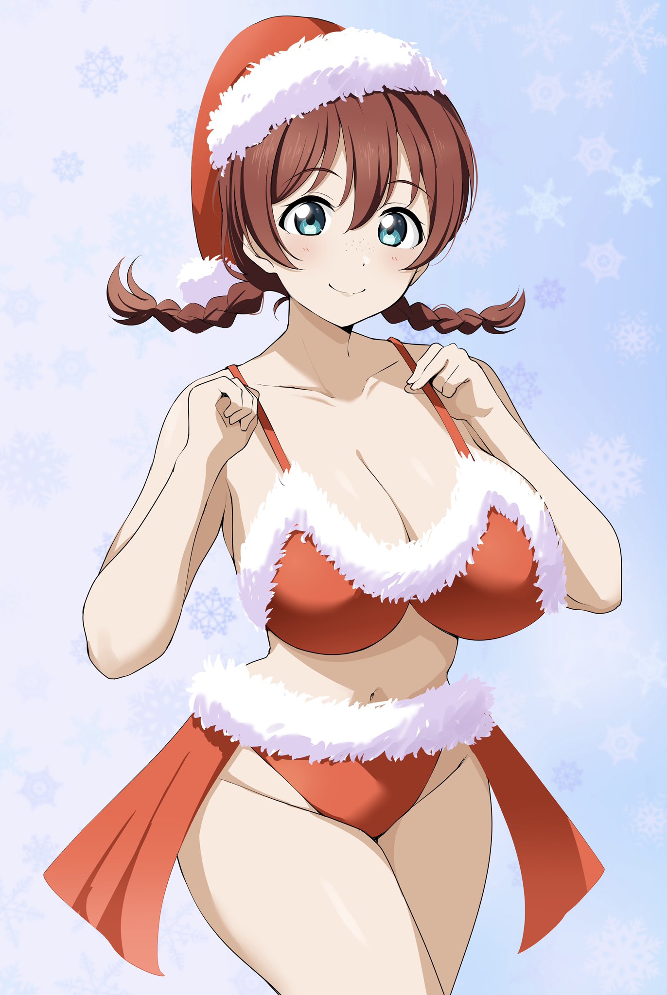 1girls barkhorn0331 blush brown_hair christmas_outfit cleavage emma_verde green_eyes large_breasts love_live! love_live!_nijigasaki_high_school_idol_club navel santa_hat twintails