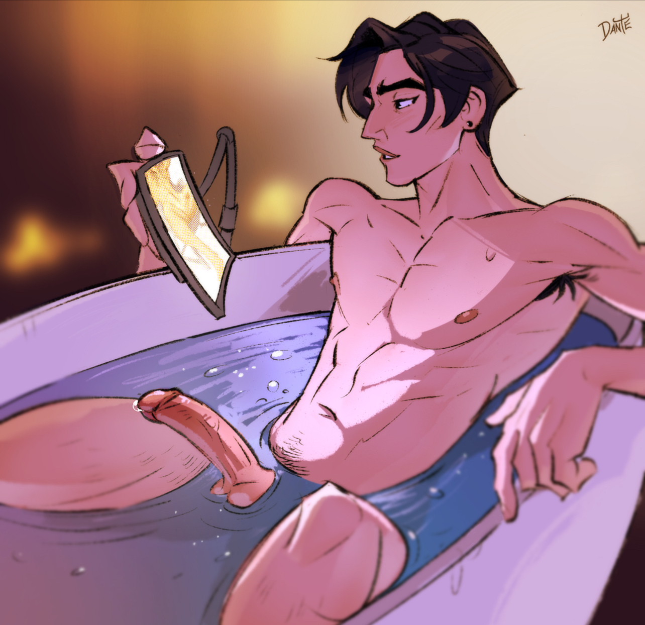 1boy, asian male, bathtub, erection, hairy armpits, japanese male, ken sato, male, male only, padeliciouss/dantesrealm, partially submerged, penis, penis poking out, solo male, spread legs, tablet, ultraman (franchise), ultraman rising