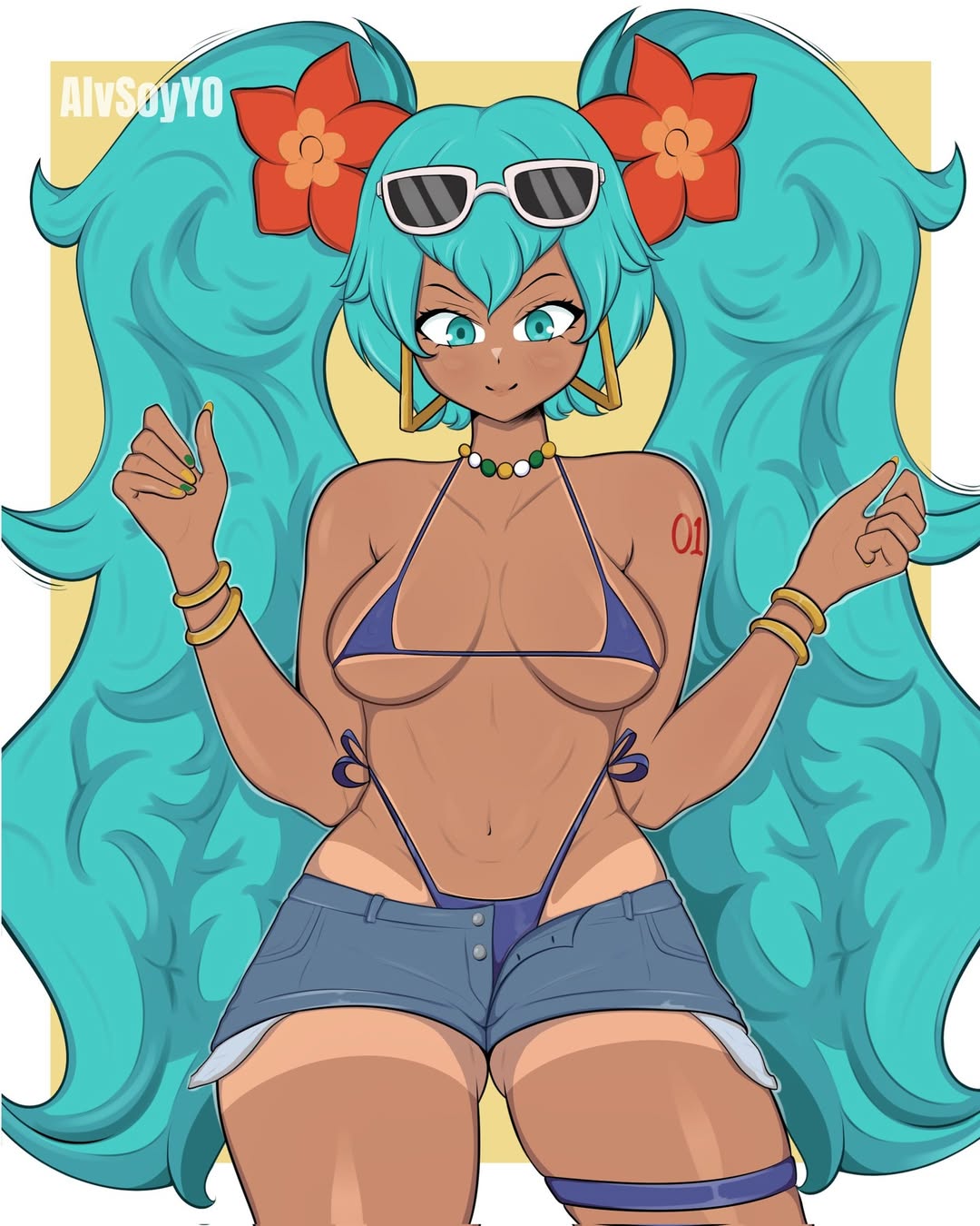 1girl, 2025, alvsoyyo, aqua eyes, aqua hair, aqua nails, belly, bikini, bikini under clothes, blue bikini, blue legwear, bracelet, brazilian female, brazilian miku, brazilian.miku (user), breasts, brown body, brown skin, cowboy shot, denim, earrings, erinartista, evil grin, evil smile, eyewear on head, female, flower, flower in hair, hair flower, hair ornament, hatsune miku, highleg bikini, hoop earrings, instagram, jewelry, light blue eyes, light blue hair, long hair, looking at viewer, looking down, medium breasts, meta, micro bikini, navel, necklace, number on body, purple bikini, scheming, short jeans, shorts, smile, smile at viewer, smiling at viewer, solo, sunglasses, sunglasses on head, swimsuit, tan, tan lines, tanlines, tanned, tanned body, tanned female, tanned skin, tanned-skinned female, tattoo, tummy, twintails, very long hair, vocaloid, yellow bracelets, yellow earrings