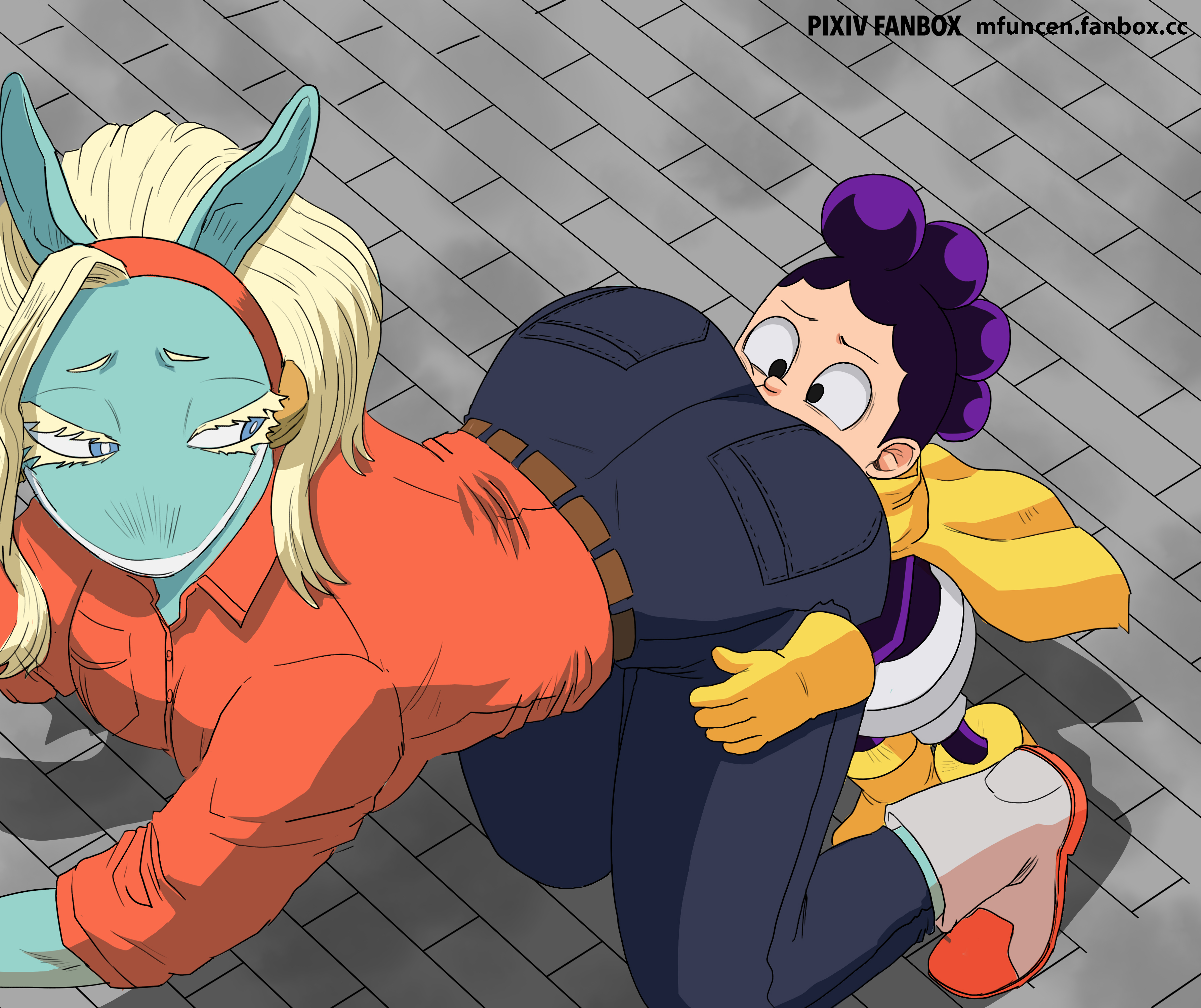 1boy, 1girls, anthro, ass, big ass, big breasts, bigger female, blonde hair, blue body, blue eyes, blue fur, breasts, clothed, clothed female, clothed male, face in ass, female, furry, hero outfit (mha), ippan josei, looking back, male, mfuncen, minoru mineta, mutant lady (my hero academia), my hero academia, on all fours, size difference, smaller male, taller female, two-tone body, two-tone fur, white body, white fur