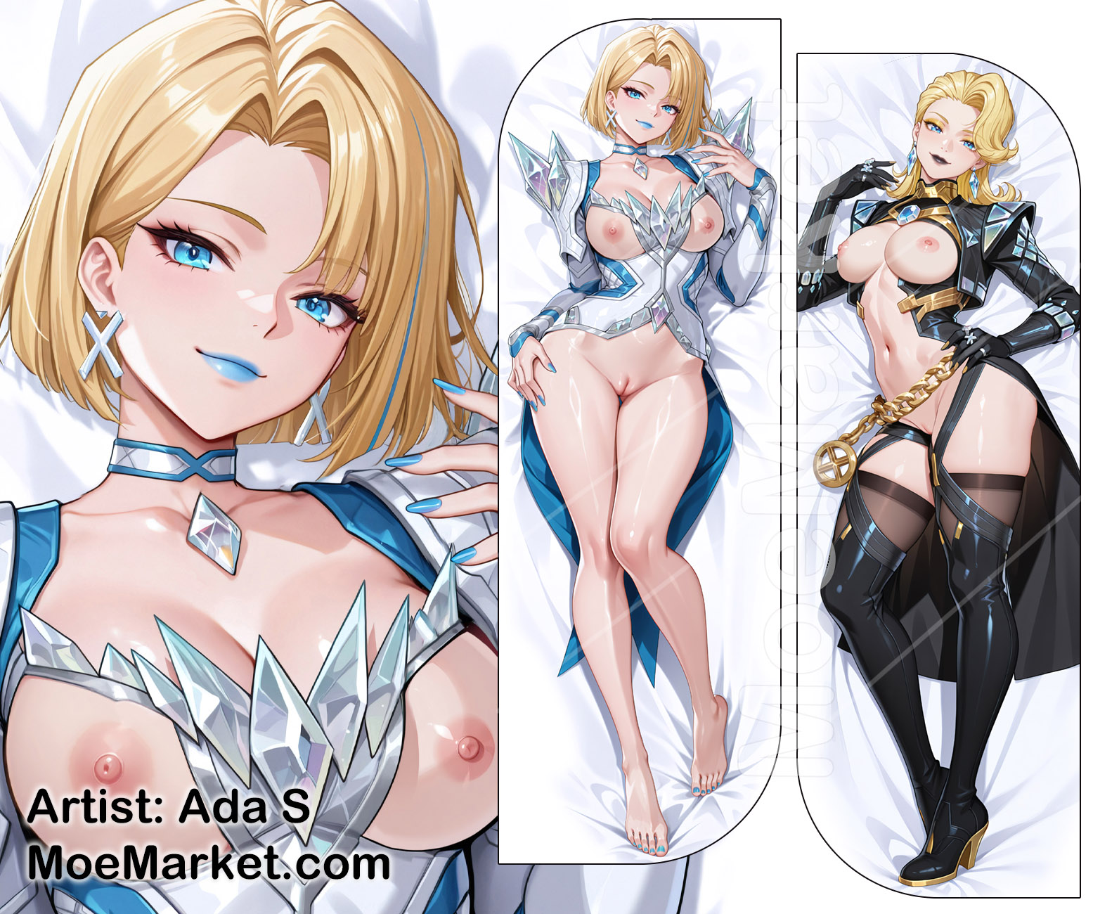 ada s, ai, ai generated, bare shoulders, barefoot, black lipstick, blonde female, blonde hair, blue lipstick, blue nails, bob cut, boots, breasts, breasts out, dakimakura, elbow gloves, emma frost, emma frost (marvel rivals), emma frost (x-revolution), female, gloves, high heel boots, high heels, long gloves, looking at viewer, lying on bed, marvel, marvel comics, marvel rivals, pussy, short hair, solo, thigh boots, thigh highs, thighhigh boots, thighhighs, thighs