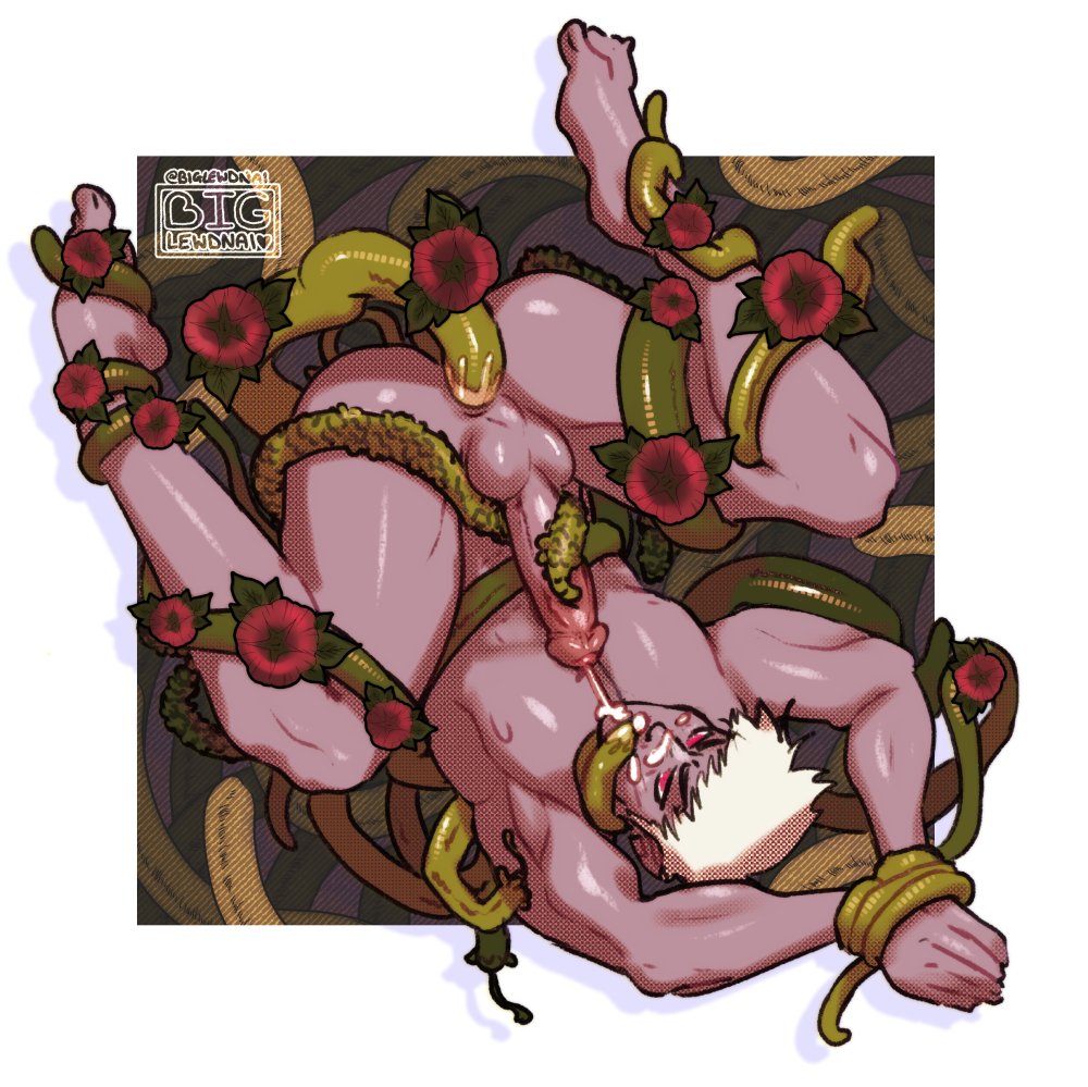 1boy, anal sex, artist signature, biglewdnai, bound wrists, cum, cum in own mouth, cum on own face, dark elf, dark skin, dark-skinned male, drow, dungeons and dragons, ejaculation, flower, hands together, male, male only, malesub, muscular, muscular male, muscular thighs, plant, red eyes, red flower, tentacle, tentacle in mouth, tentacle on male, tentacle sex, vine, white hair