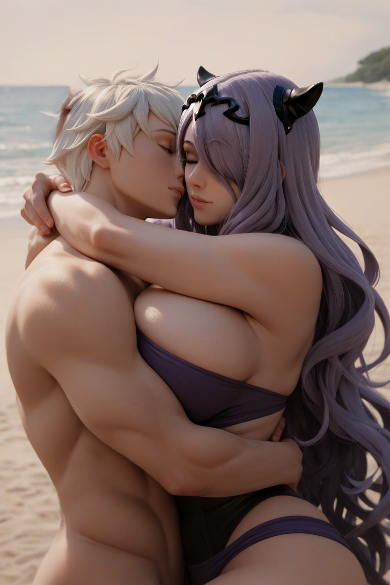 ai_generated beach camilla_(fire_emblem) fire_emblem fire_emblem_awakening fire_emblem_fates hug huge_breasts purple_hair robin_(fire_emblem) robin_(fire_emblem)_(male) white_hair