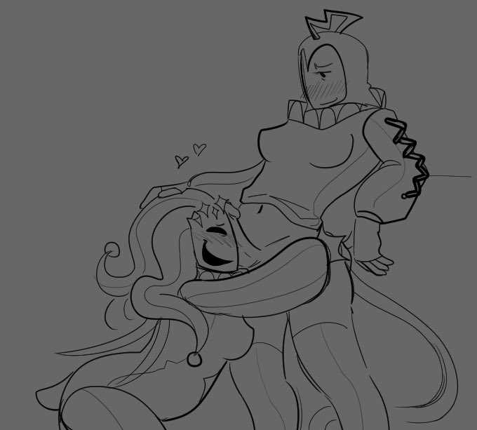 1futa, 1girls, blush, blush lines, blushing, blushing at partner, breasts, female, forsaken (roblox), futa on female, futanari, heart symbol, hearts, hearts around head, intersex, jester hat, lesbian, noli (forsaken), nosoidum, penis, pointy breasts, ringmaster (forsaken), roblox, roblox game, robloxian, rule 63, tagme, thighs