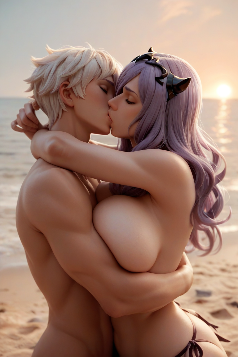 ai_generated beach camilla_(fire_emblem) fire_emblem fire_emblem_awakening fire_emblem_fates hug huge_breasts kiss_on_lips kissing purple_hair robin_(fire_emblem) robin_(fire_emblem)_(male) white_hair