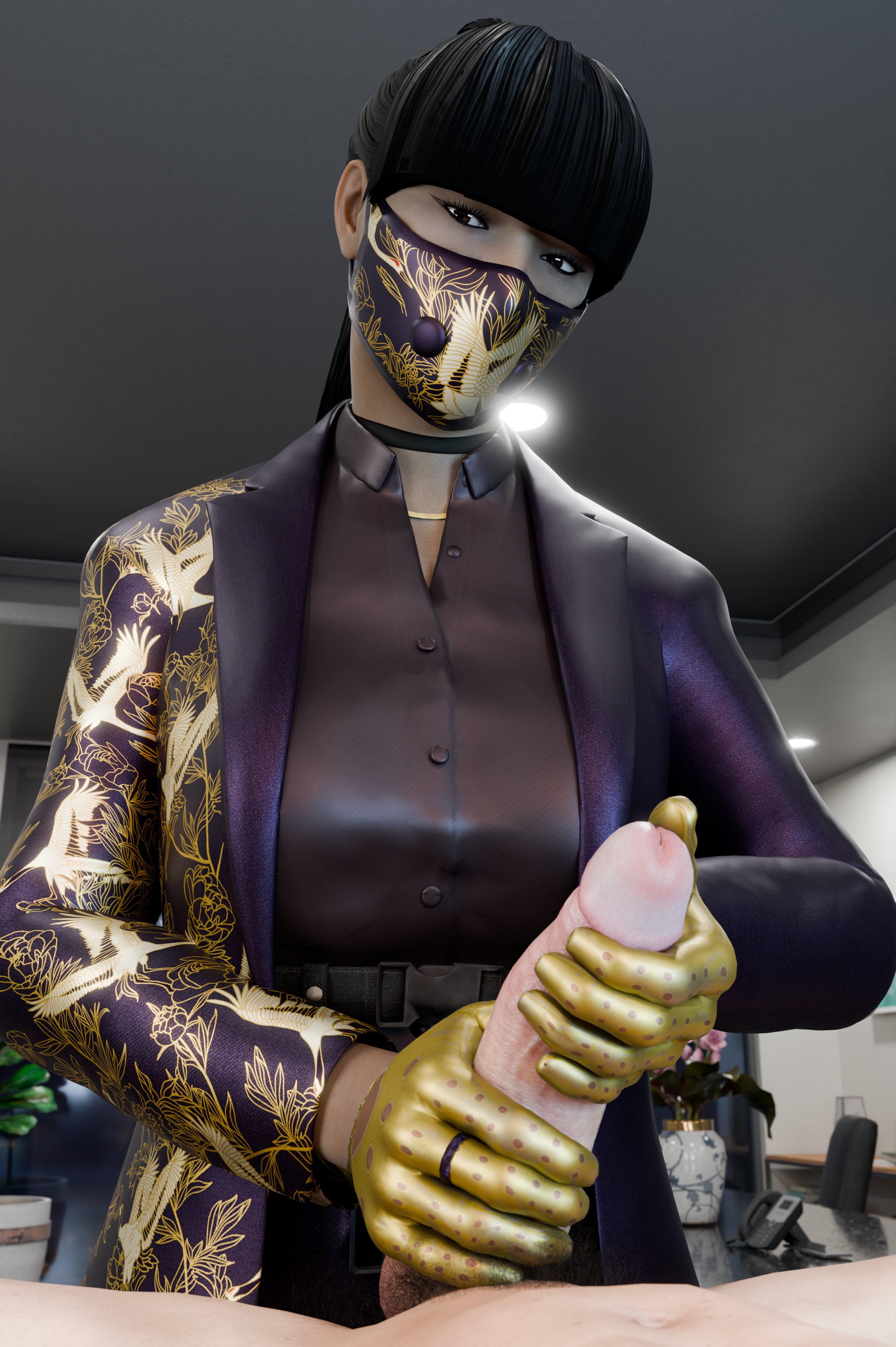1boy, 3d, asian, asian female, azami (rainbow six), black hair, clothed, clothed female nude male, clothing, erection, facemask, female, gloved handjob, gloves, hand on penis, handjob, handjob with gloves, holding penis, looking at viewer, male, mask, nude, nude male, penis, ponytail, rainbow six, rainbow six siege, shaddoll x, touching penis, ubisoft