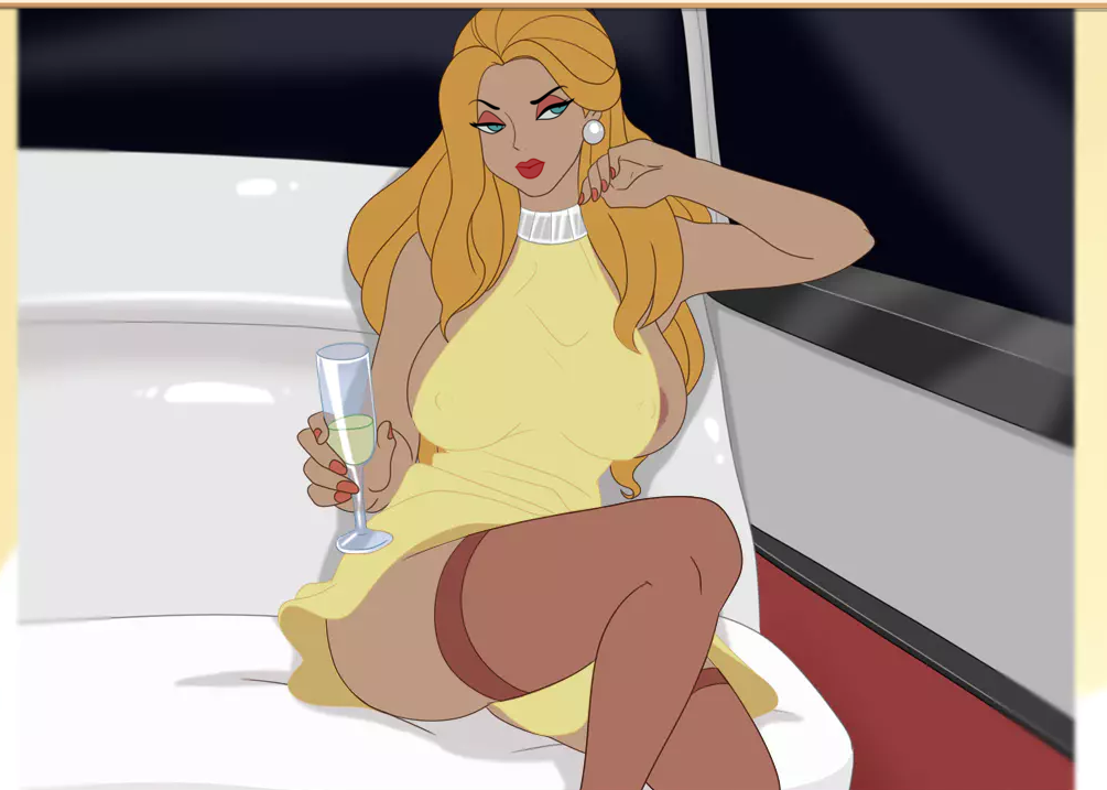 blonde_hair blue_eyes border breasts covered_nipples cup dress drinking_glass earrings eyeshadow female gloria_(milftoon_drama) hair holding holding_cup inusen jewelry large_breasts lipstick long looking_at_viewer makeup mature_female milf milftoon_drama nail_polish no_bra red_lips red_nails sitting sleeveless solo thighhighs window wine_glass yellow_dress