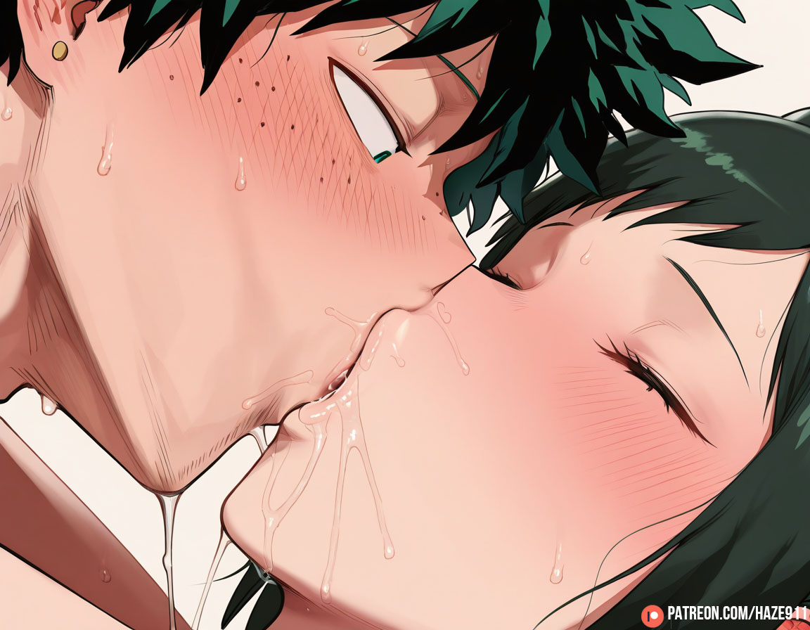 1boy, 1girls, ai generated, blush, boku no hero academia, closed eyes, french kiss, green eyes, green hair, haze911, hetero, incest, kiss, kissing, midoriya inko, midoriya izuku, mother and son, my hero academia, saliva, saliva trail, short hair, sweat