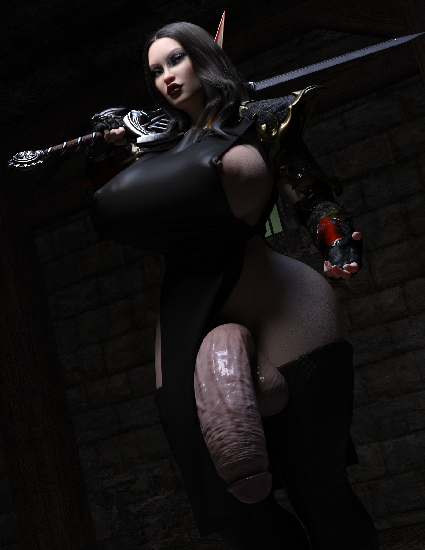 1futa, 3d, areola slip, balls, breasts, evolluisionist, futa only, futanari, huge breasts, huge cock, intersex, penis, sideboob, solo, testicles, vein, veiny penis