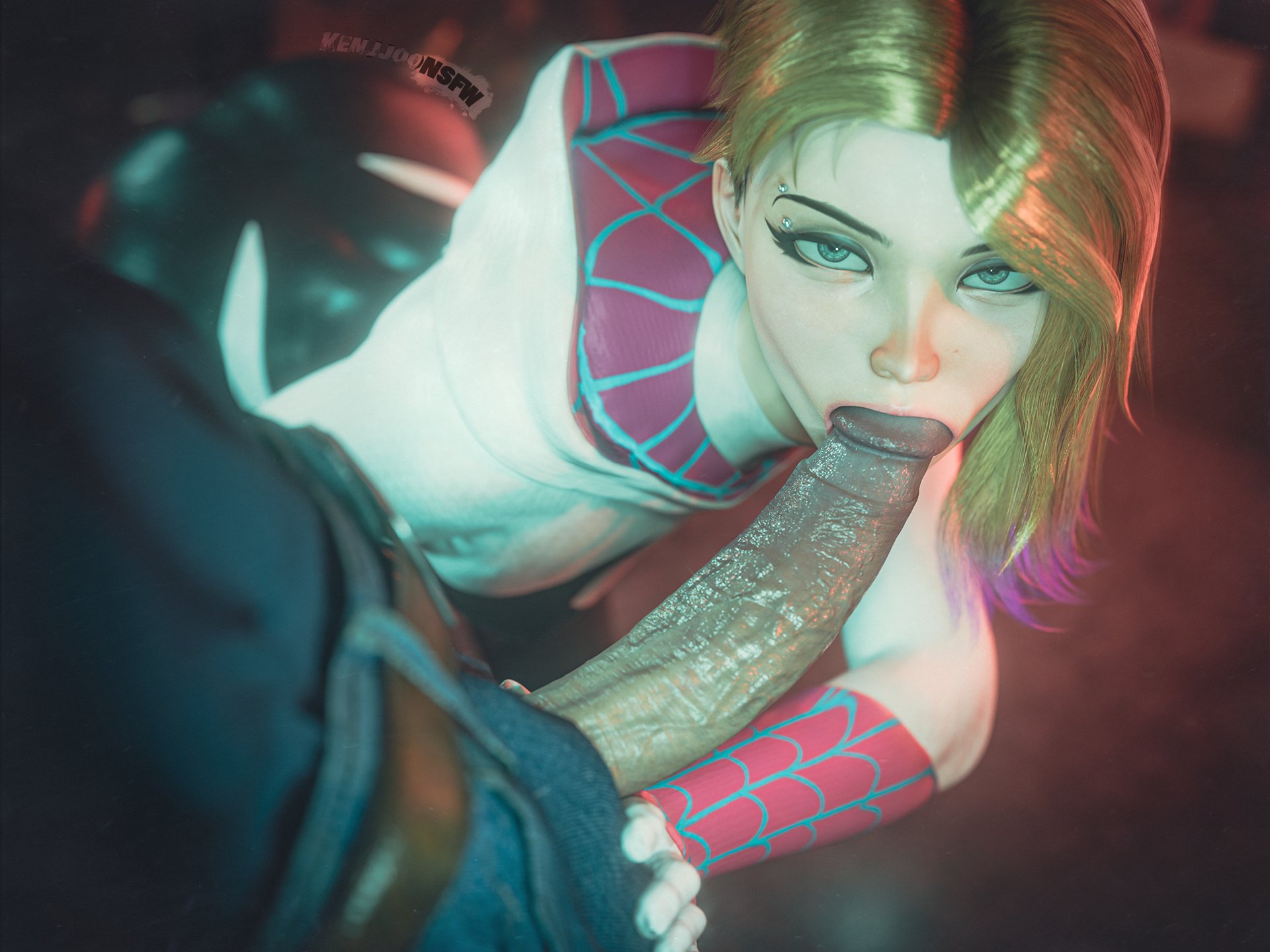 3d, blowjob face, circumcised, clothed, clothed female, clothed male, gwen stacy, kenjjoo, light skin, light-skinned female, light-skinned male, long penis, looking at viewer, lustful eyes, marvel, superhero costume