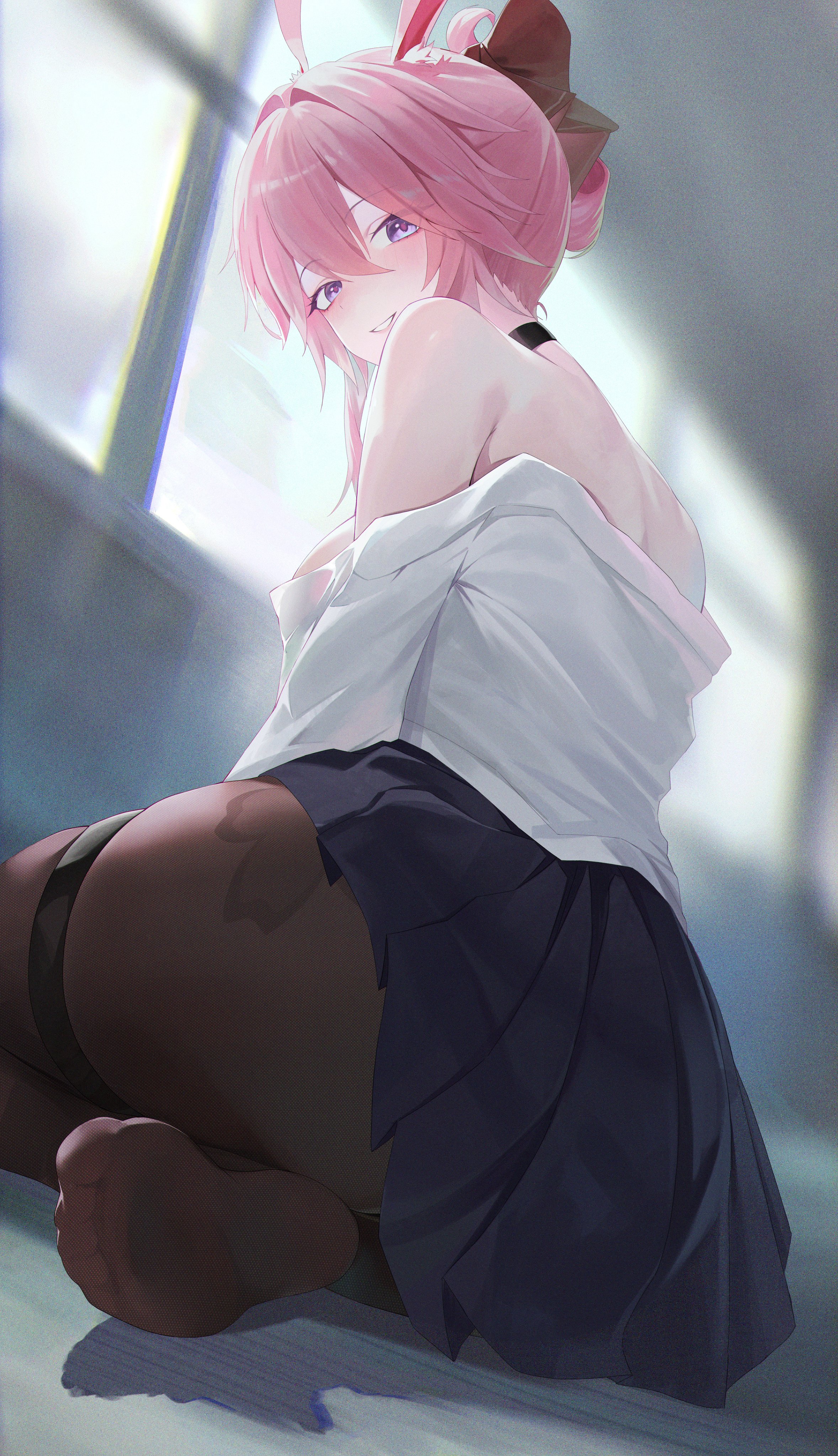 1girls, animal ears, ass, brown pantyhose, evanescia (honkai: star rail), female, fox ears, honkai (series), honkai: star rail, hoyoverse, long hair, mihoyo, pantyhose, pink hair, purple eyes, school uniform, schoolgirl, sideboob, sitting, yonesdraws