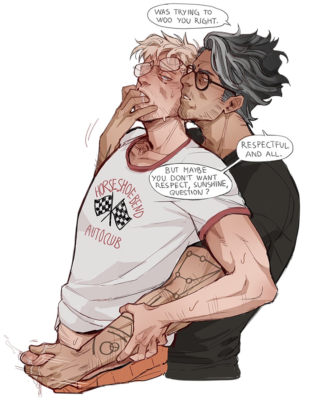 blonde hair, dialogue, english text, fingers in mouth, fully clothed, glasses, grey hair, handjob, kiodja, male only, project hail mary, rocky (project hail mary), ryland grace, tattoo, tattoo on arm, teasing, xenophilia