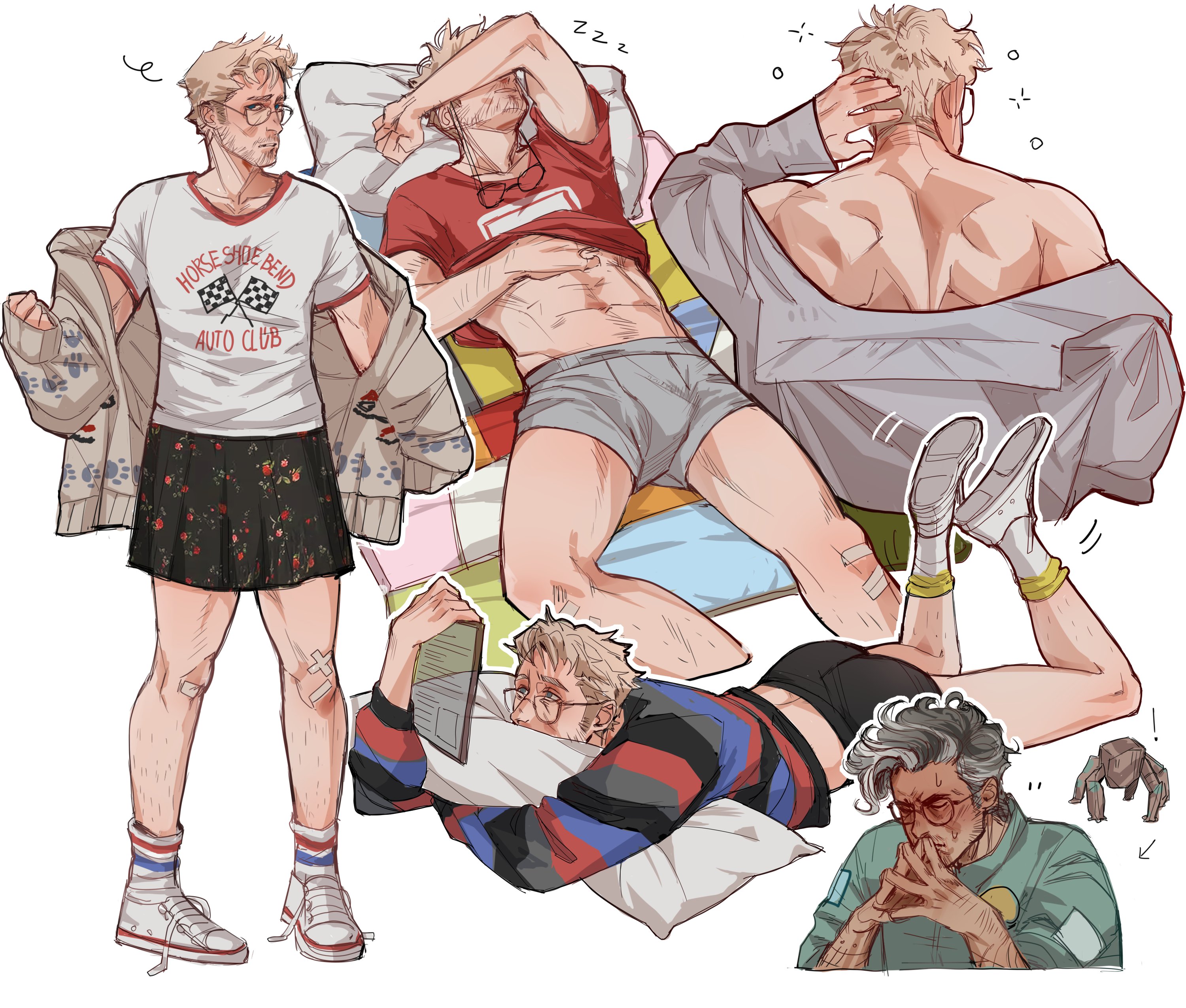 belly, blonde hair, boxers (clothing), fully clothed, grey hair, horny, kiodja, male only, project hail mary, rocky (project hail mary), ryland grace, shoulders, six pack, skirt, sleeping, thinking, underwear