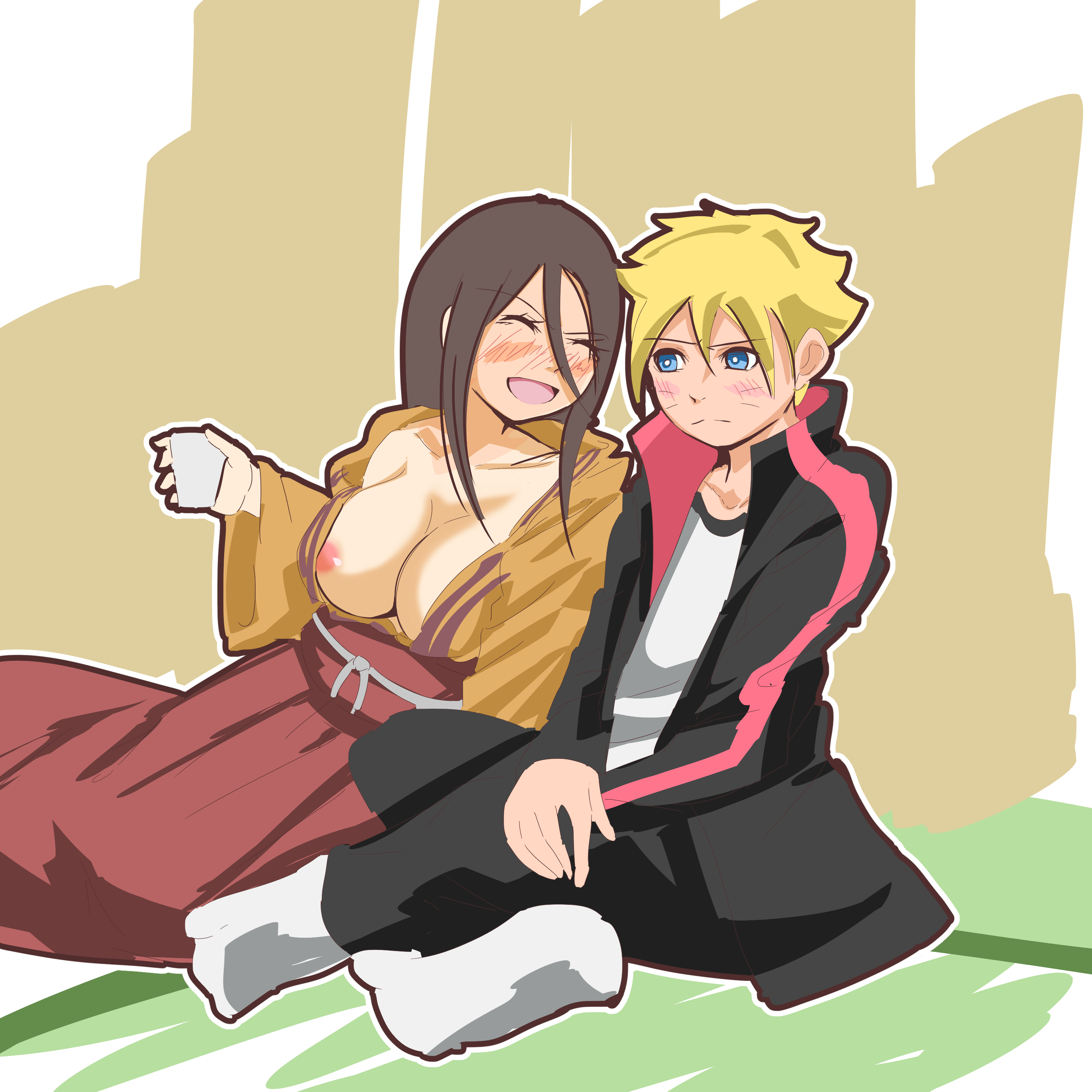 1boy, 1girls, age difference, aunt and nephew, before sex, big breasts, blue eyes, blush, boruto: naruto next generations, breasts, breasts out, brown hair, cleavage, closed eyes, clothed, clothed female, clothed male, crossed legs, cuddling, drunk, embarrassed, facial piercing, female, glass, hakama, hakama skirt, holding object, huge breasts, hyuuga hanabi, imminent incest, implied incest, intoxicated, jacket, kimono, long hair, male, male with female, male/female, naruto, naruto (series), nipple slip, nipples, no bra, no underwear, off shoulder, older female, open clothes, satadei, sexually suggestive, shirt, sitting, smile, tease, teasing, uzumaki boruto, whisker markings, whiskers, yellow hair, younger male