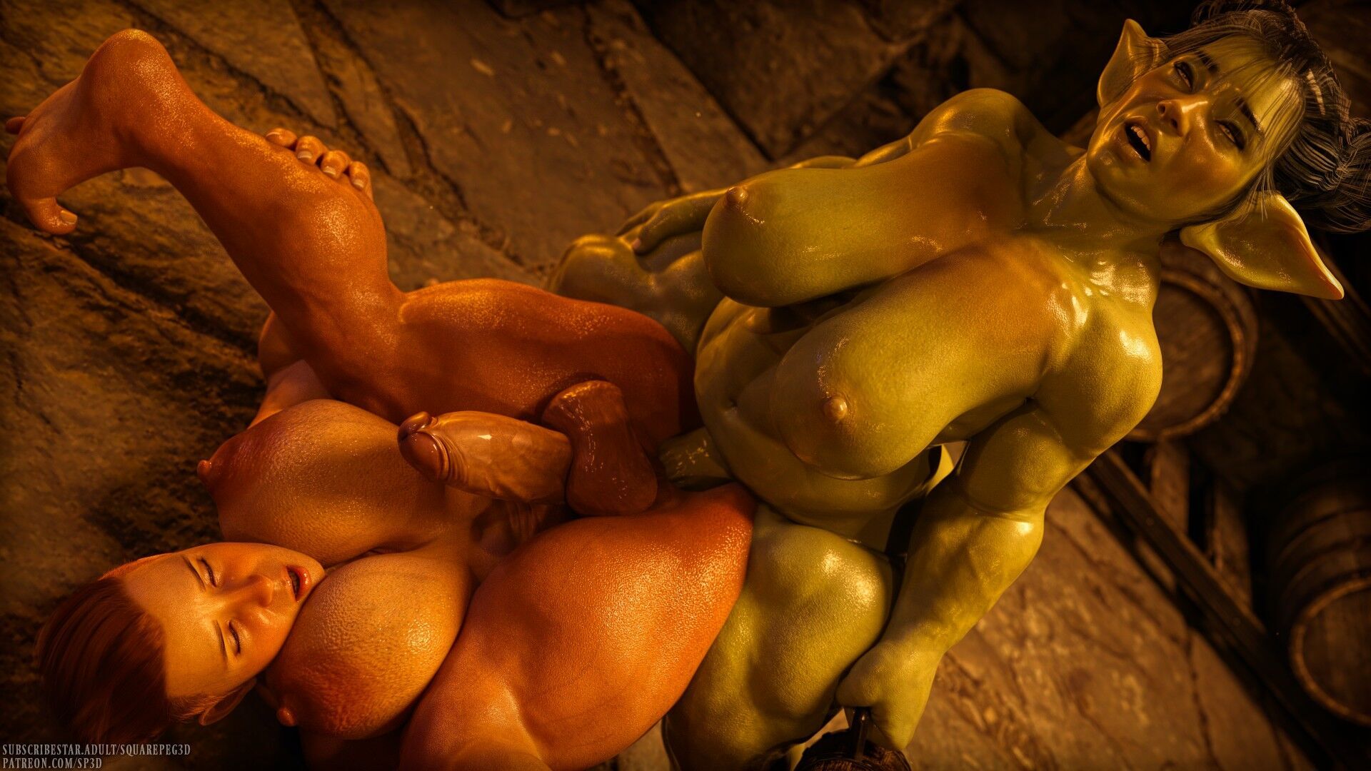 2futas, 3d, balls, big balls, big breasts, big penis, breasts, dwarf, erection, female, futa on futa, futa only, futanari, goblin, goblin female, humanoid, humanoid penis, intersex, light skin, light-skinned futa, naked, nude, overweight futa, penis, shiny, shiny skin, spread legs, squarepeg3d, upside-down