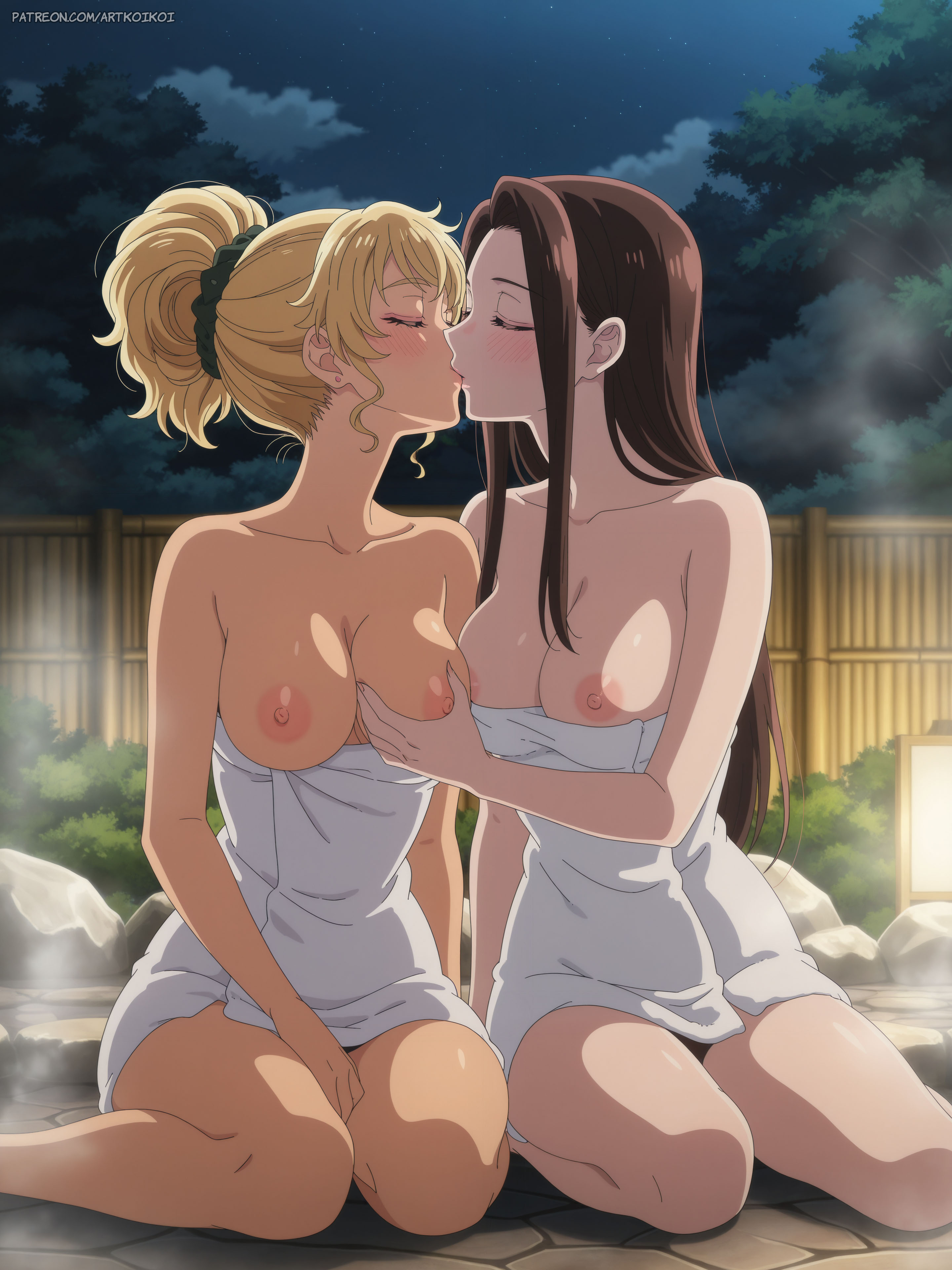 2girls, ai generated, amane kei, artkoikoi, blonde female, blonde hair, blush, breast grab, breasts out, brown hair, brunette, closed eyes, female, female only, female/female, ijichi kotoko, kissing, koikoi, lesbian kiss, multiple girls, nude, nude female, onsen, otaku ni yasashii gal wa inai!?, towel, towel only, yuri