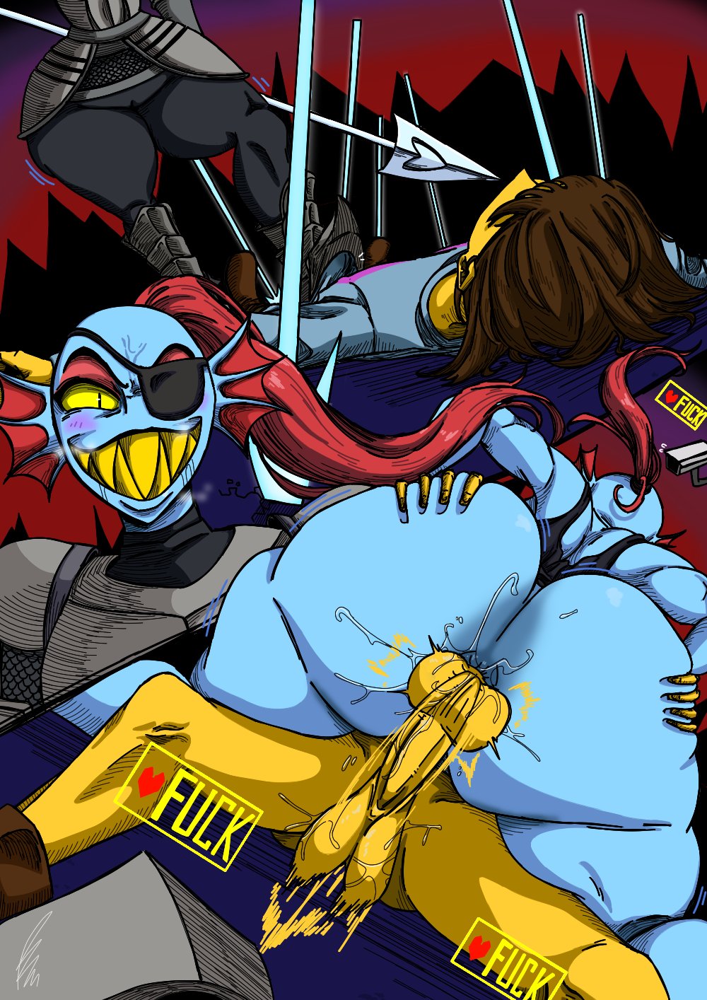 anal, armor, armored female, artsbenc, ass, ass focus, bendraws, cowgirl position, defeated, defeated hero, fat ass, femdom, frisk, sex, smile, smiling, spread ass, tagme, undertale, undertale (series), undyne