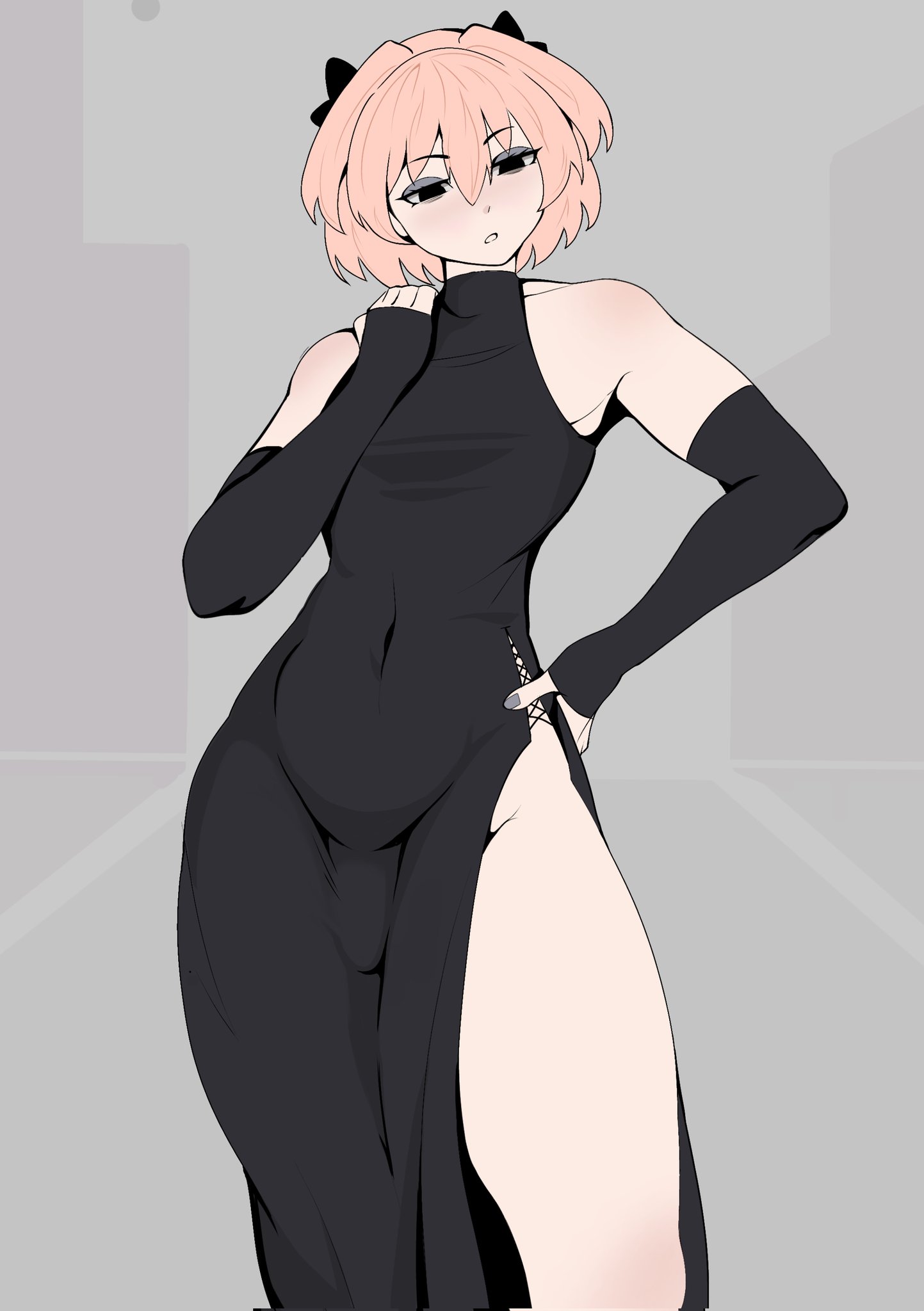 1boy, 2026, astolfo (fate), black dress, bow ribbon, clothed, crossdressing, cute, dress, femboy, fully clothed, gloves, looking away, male only, nonchalant, pink hair, solo, standing, white background