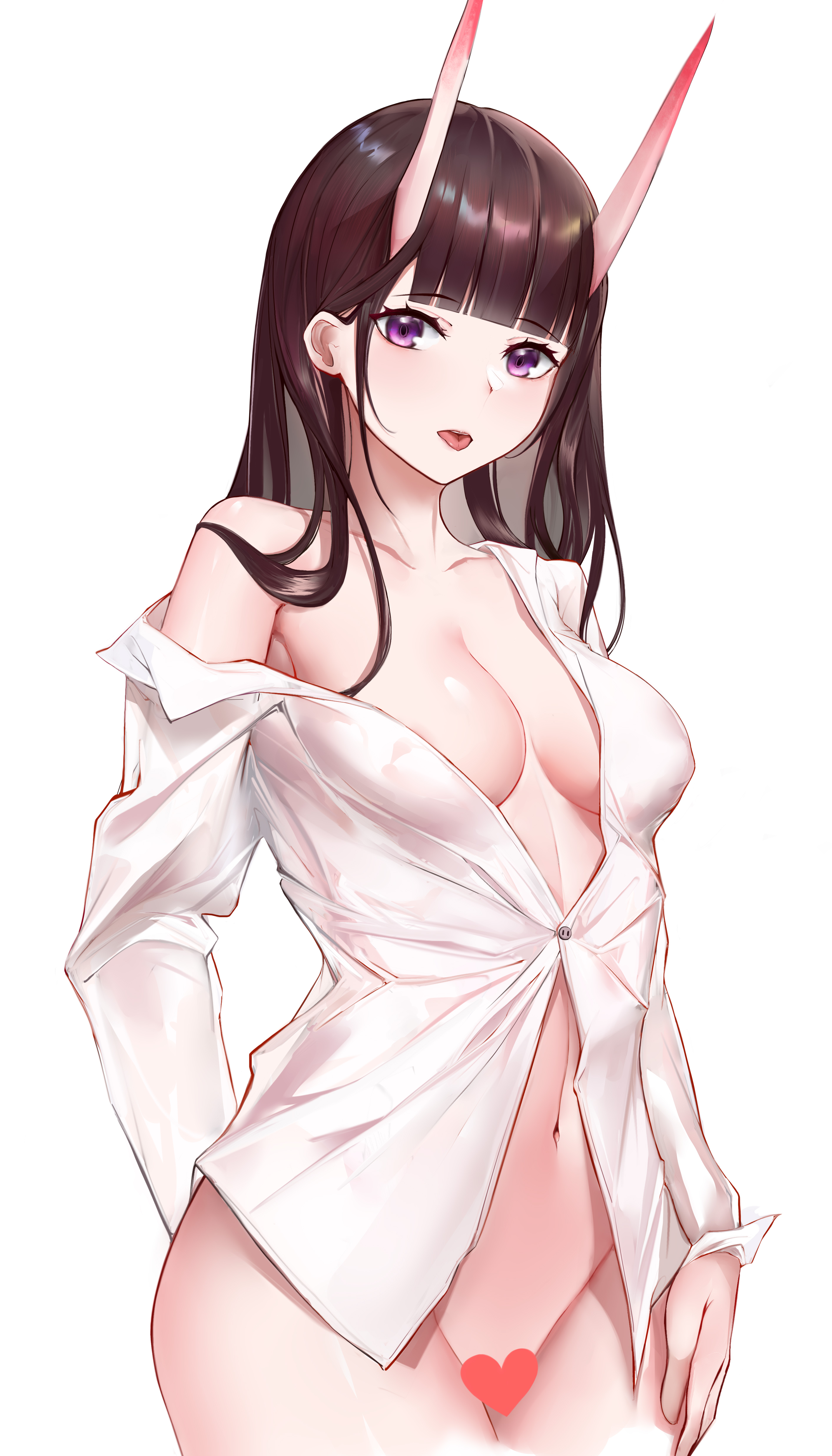 :p, 1girls, absurdres, arm behind back, azur lane, bangs, black hair, blunt bangs, bottomless, breasts, censored, cleavage, cowboy shot, dress shirt, female, female only, hair behind ear, heart, heart censor, highres, horns, jin mu mulin, light skin, light-skinned female, long hair, long sleeves, looking at viewer, naked shirt, navel, no bra, noshiro (azur lane), off shoulder, oni horns, partially unbuttoned, purple eyes, sakura empire (azur lane), shirt, simple background, solo, tongue, tongue out, white background, white shirt