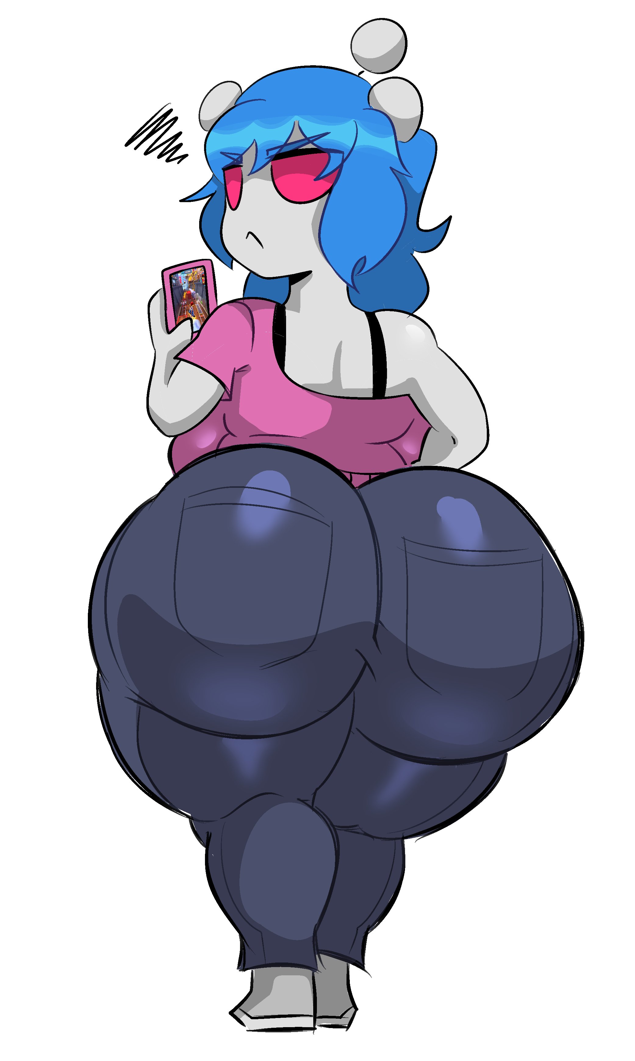 1girls, 2026, 2d, 2d (artwork), annoyed, annoyed expression, ass, ass focus, back view, big ass, big butt, blue hair, bra strap, clothed, clothing, color, colored, digital drawing (artwork), digital media (artwork), doughy ass, fat ass, fat butt, female, female focus, female only, fully clothed, holding object, holding phone, huge ass, huge butt, jeans, l1nkuu, looking at viewer, looking back, looking back at viewer, phone, pink shirt, rear view, reddie (dumbnuts47), reddit, simple background, snoo, solo, solo focus, subway surfers, thick ass, thick butt, thick thighs, thighs, white background, white body, white skin, wide hips, y4kutch0