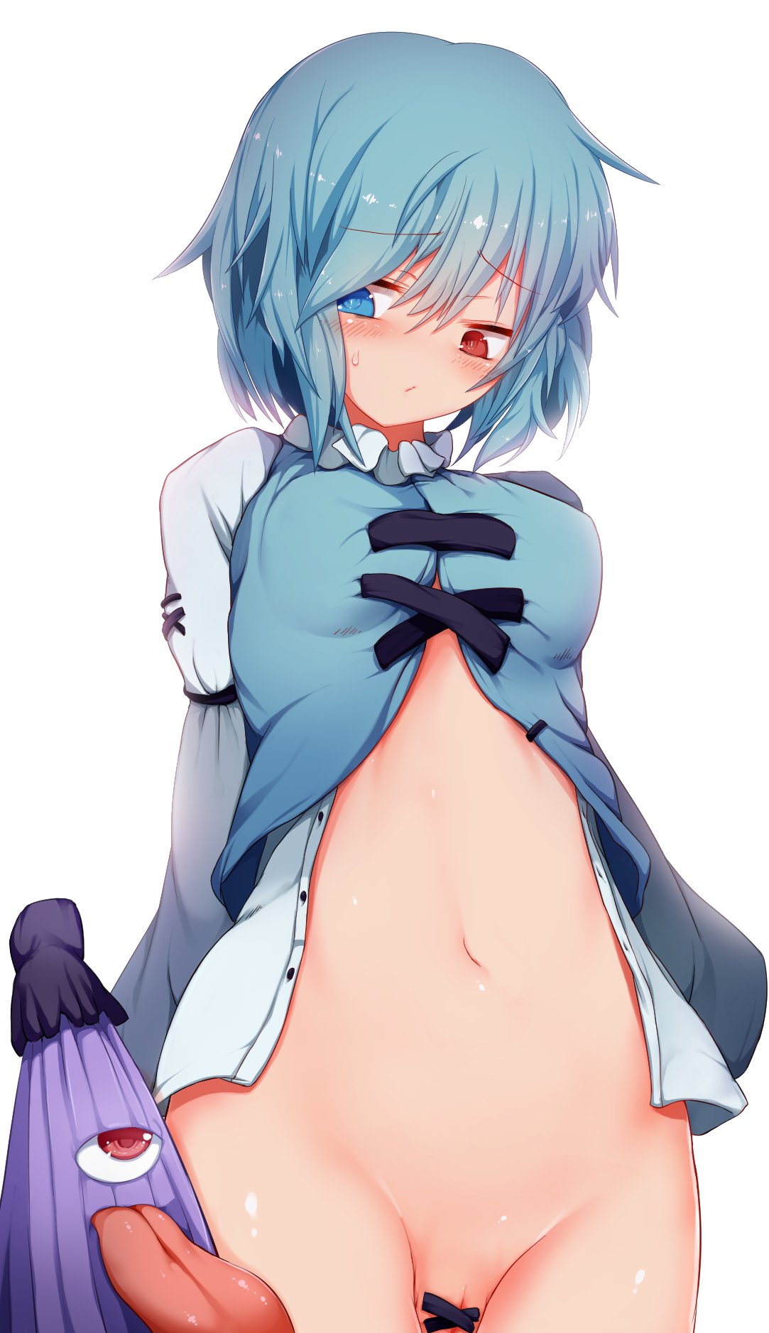 :/ arms_at_sides bangs blue_eyes blue_vest blush breasts buttons closed_mouth commentary_request convenient_censoring eyebrows_visible_through_hair eyelashes female hagure_kedama heterochromia highres karakasa_obake kogasa_tatara long_sleeves looking_at_another looking_to_the_side medium_breasts navel oil-paper_umbrella open_clothes open_shirt pussy pussy_peek red_eyes shiny shiny_hair shiny_skin shirt simple_background skirt skirt_removed solo standing stomach tongue_out touhou umbrella vest white_background white_shirt