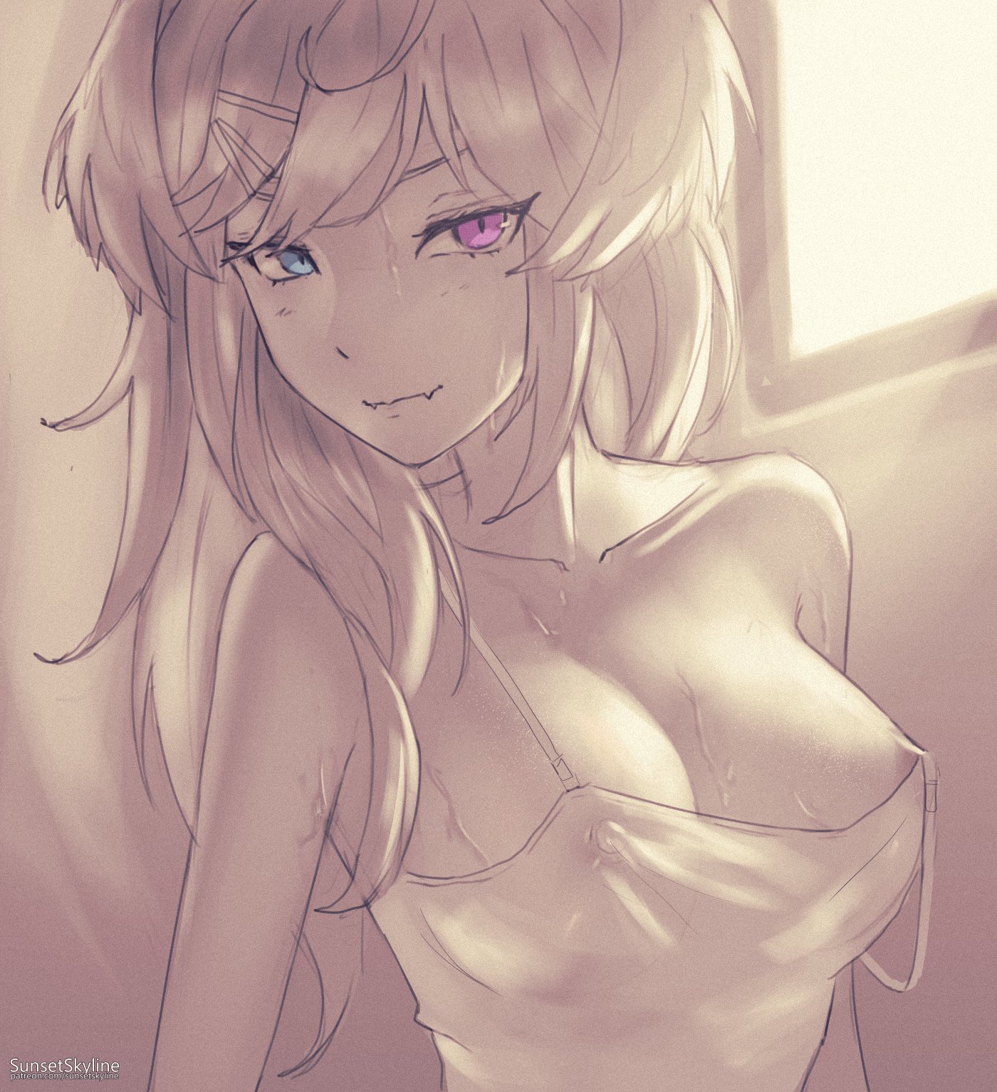 alternate hairstyle, blue eyes, breasts, cleavage, female, hair wings, heterochromia, highres, large breasts, light rays, long hair, looking to the side, monochrome, nijisanji, nijisanji en, nipple slip, nipples, purple eyes, see-through, selen tatsuki, sunset skyline, sunsetskyline, virtual youtuber, window